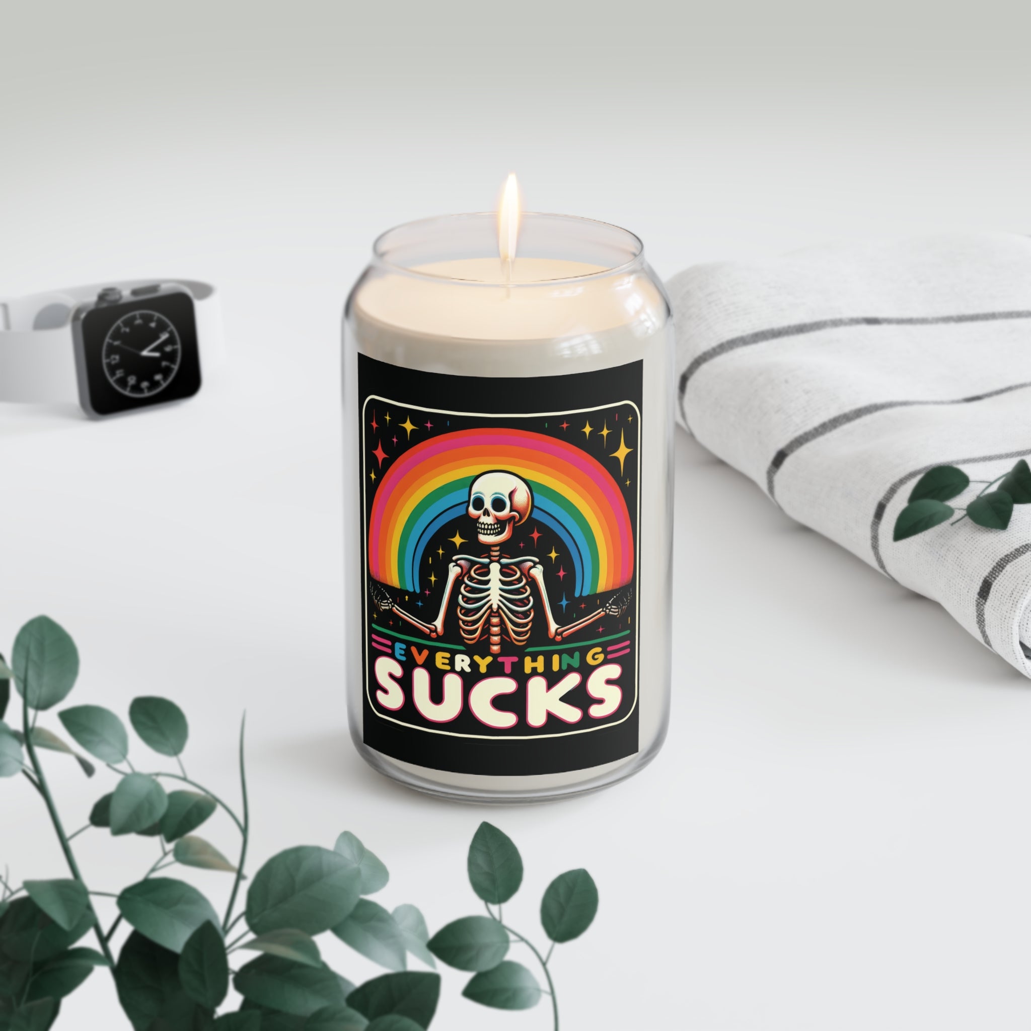 Candle — "Everything Sucks" Rainbow Skeleton Scented Soy Candle (13.75 oz)