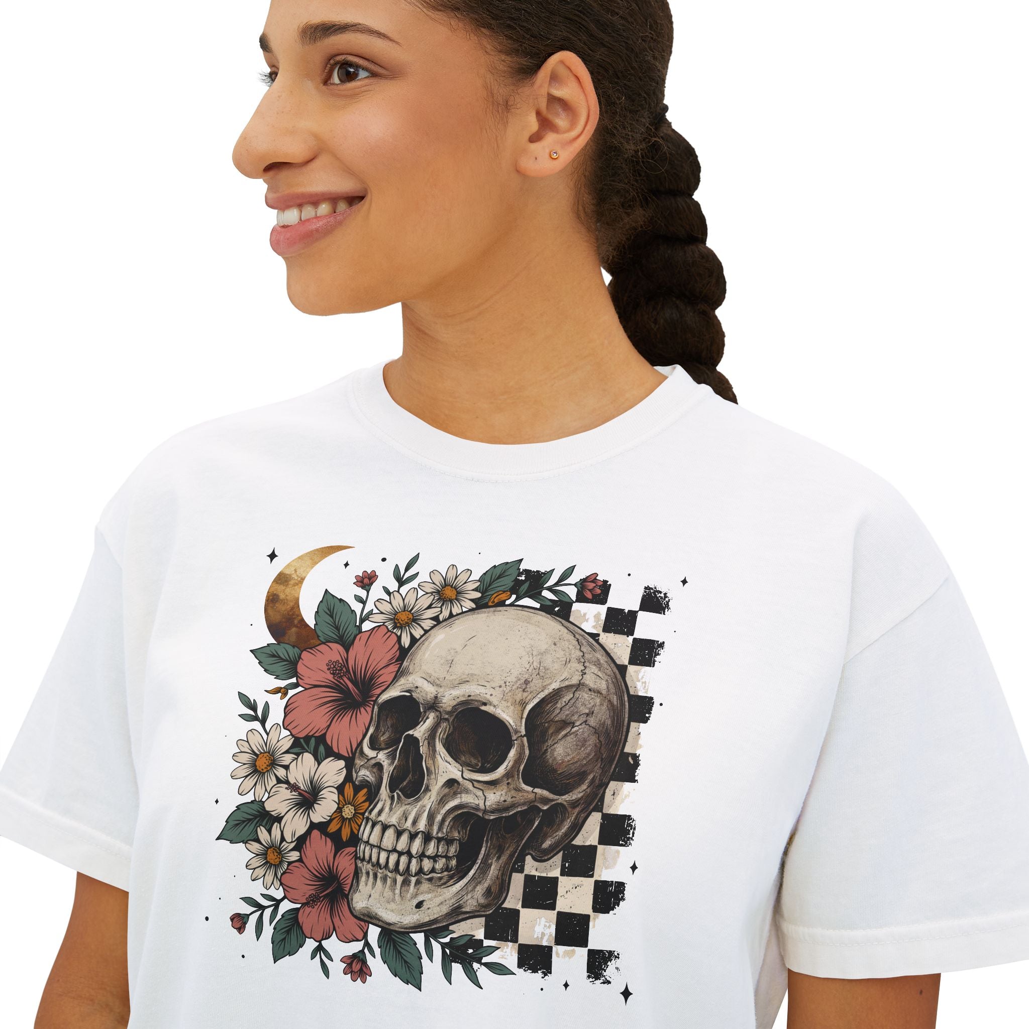 Skull & Floral Boxy Tee — Checkerboard Moon Graphic Women's T‑Shirt