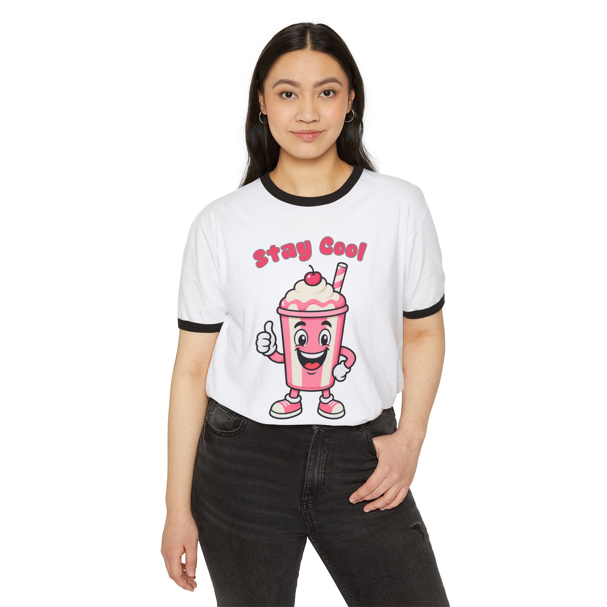 Woman wearing a white t-shirt with a cartoon milkshake character and 'Stay Cool' text on a white background