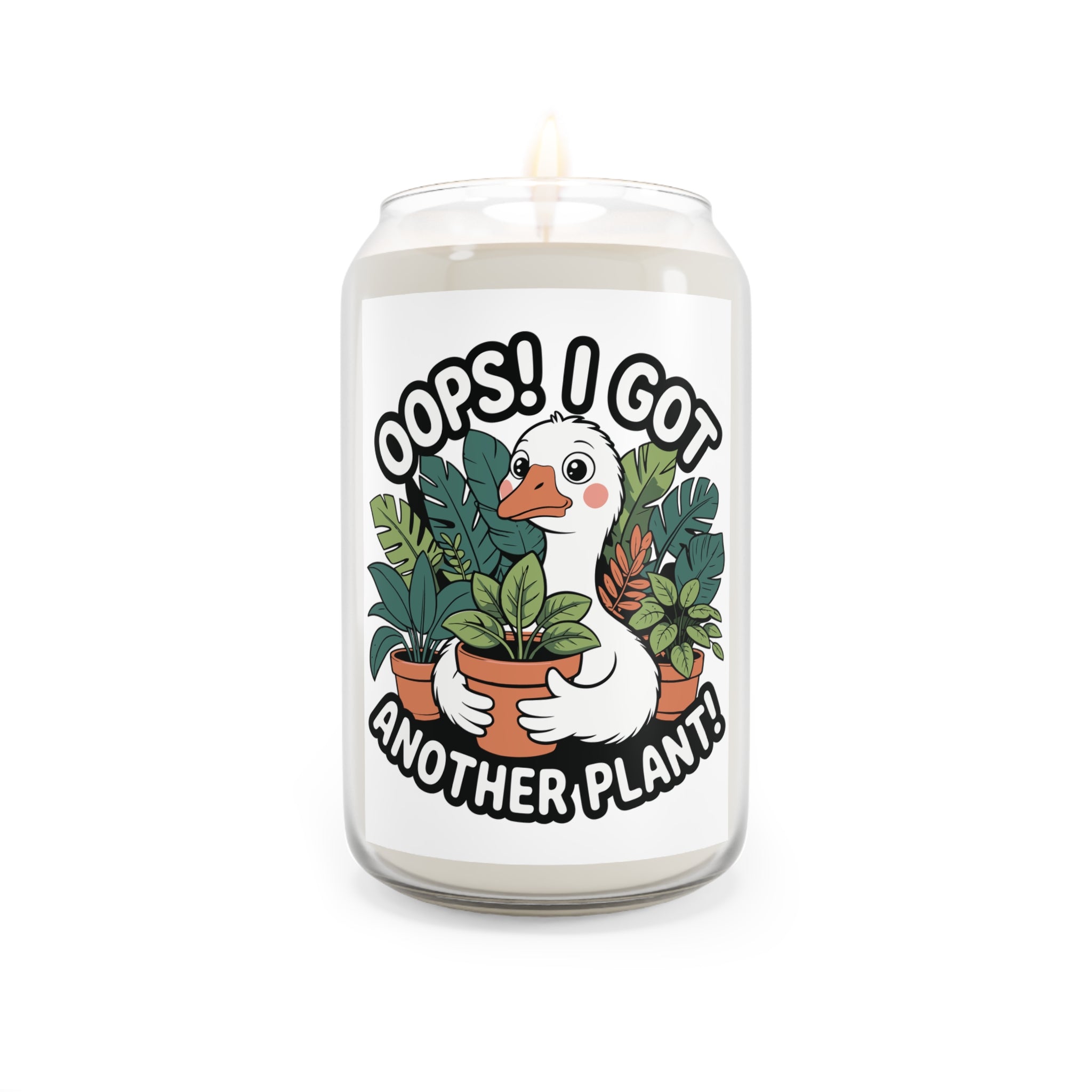 Candle with a duck holding plants design and text 'Oops! I got another plant!' on a white background