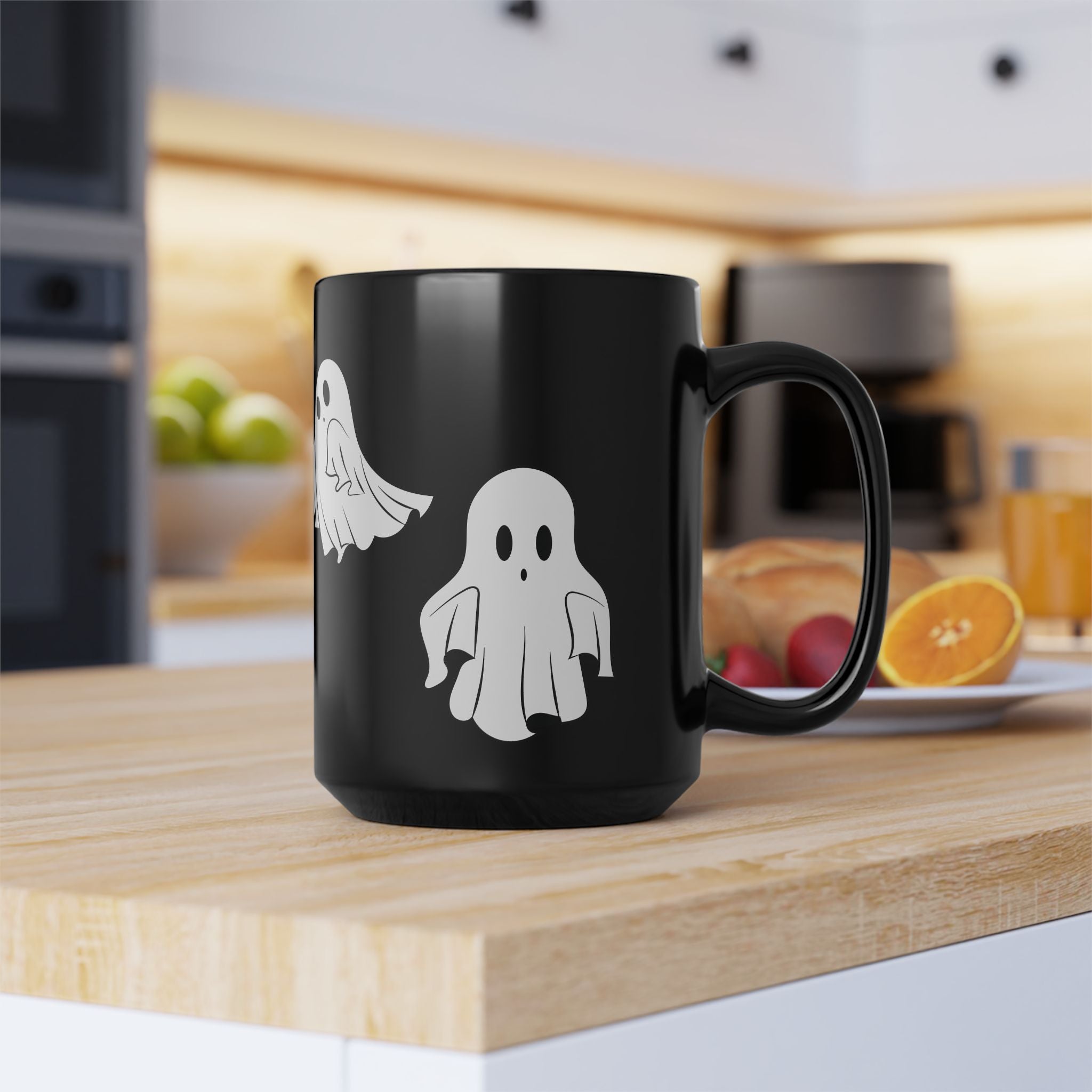 Ghost Pattern Black Mug – Cute Halloween Coffee Cup (11oz & 15oz)