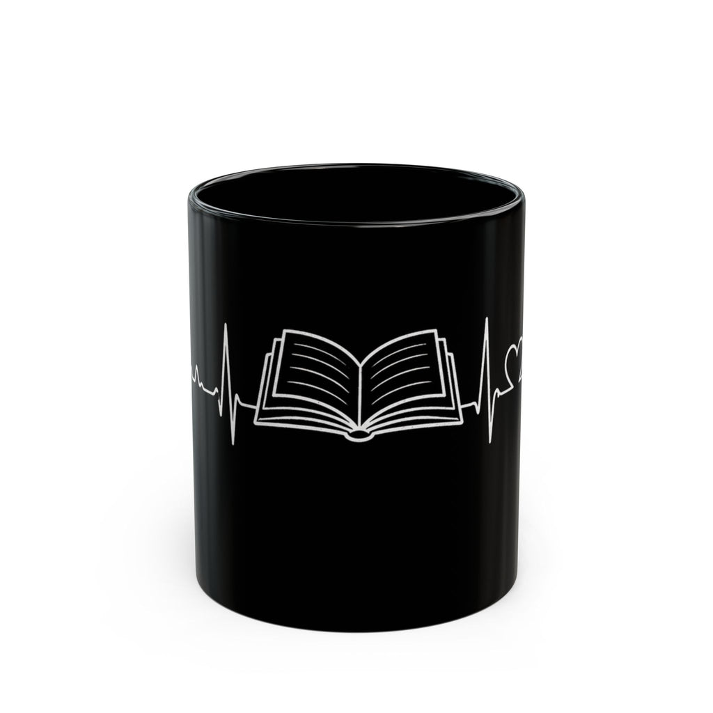 Black mug with a white book and heartbeat line design on a white background