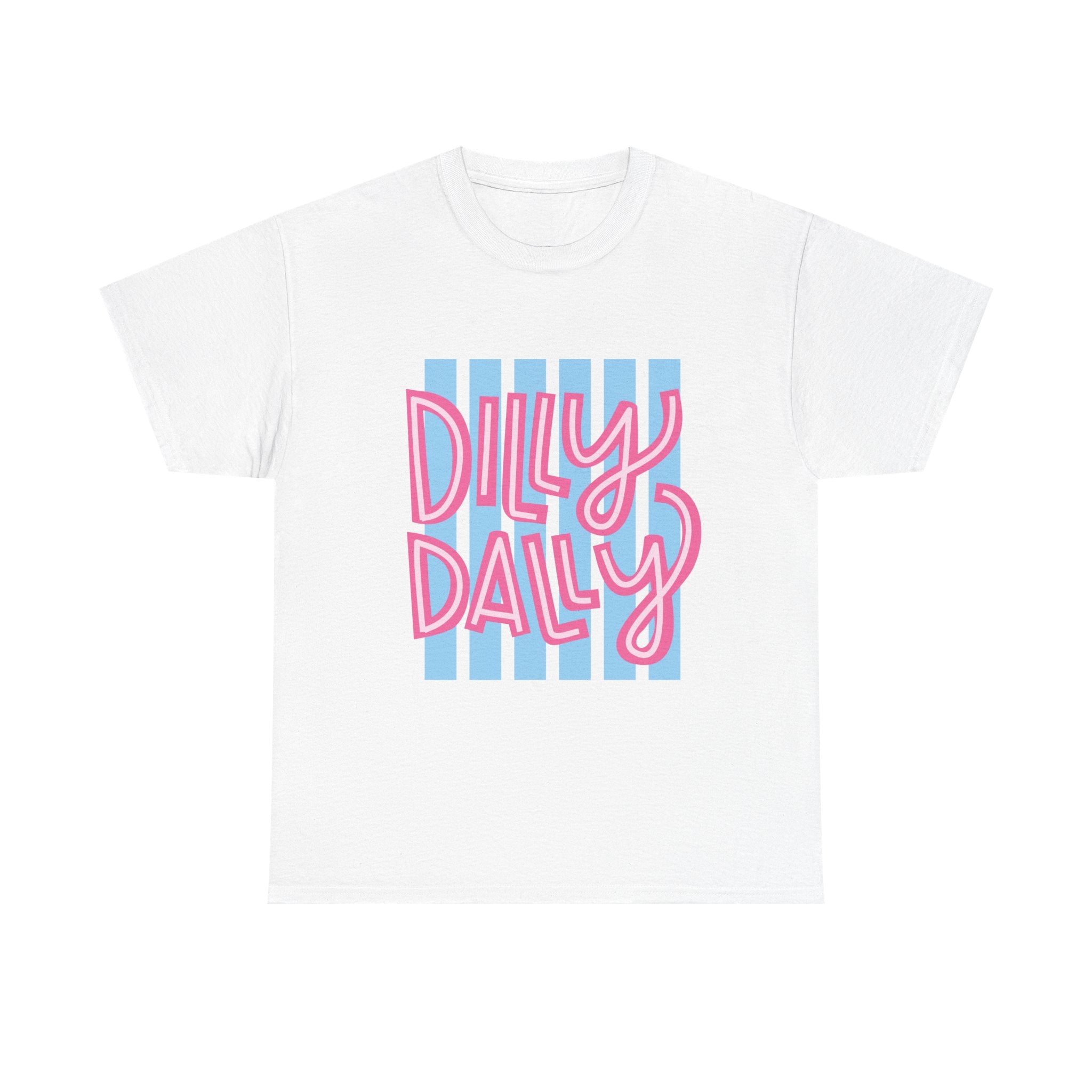 Dilly Dally script design T-Shirt | retro pink lettering, blue stripes