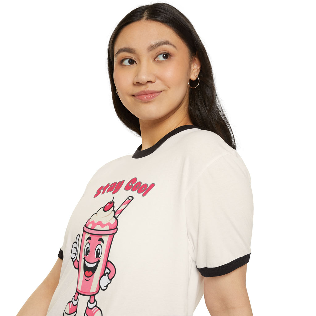 Woman wearing a t-shirt with a cartoon character and text on a white background