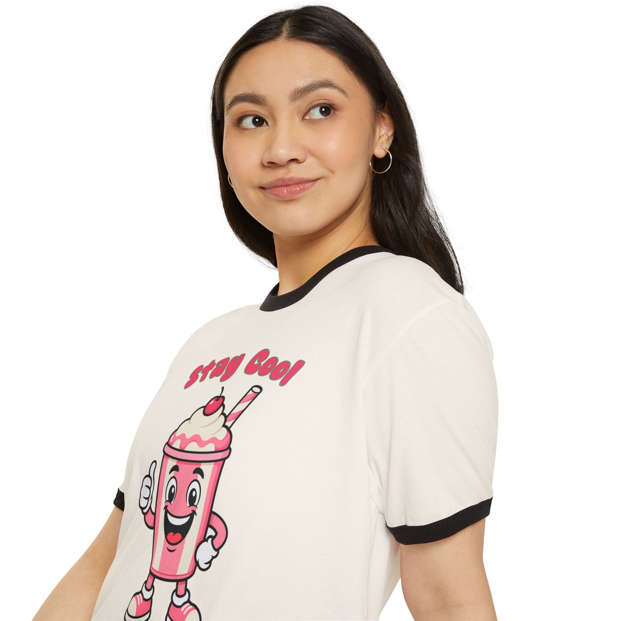 Woman wearing a t-shirt with a cartoon character and text on a white background
