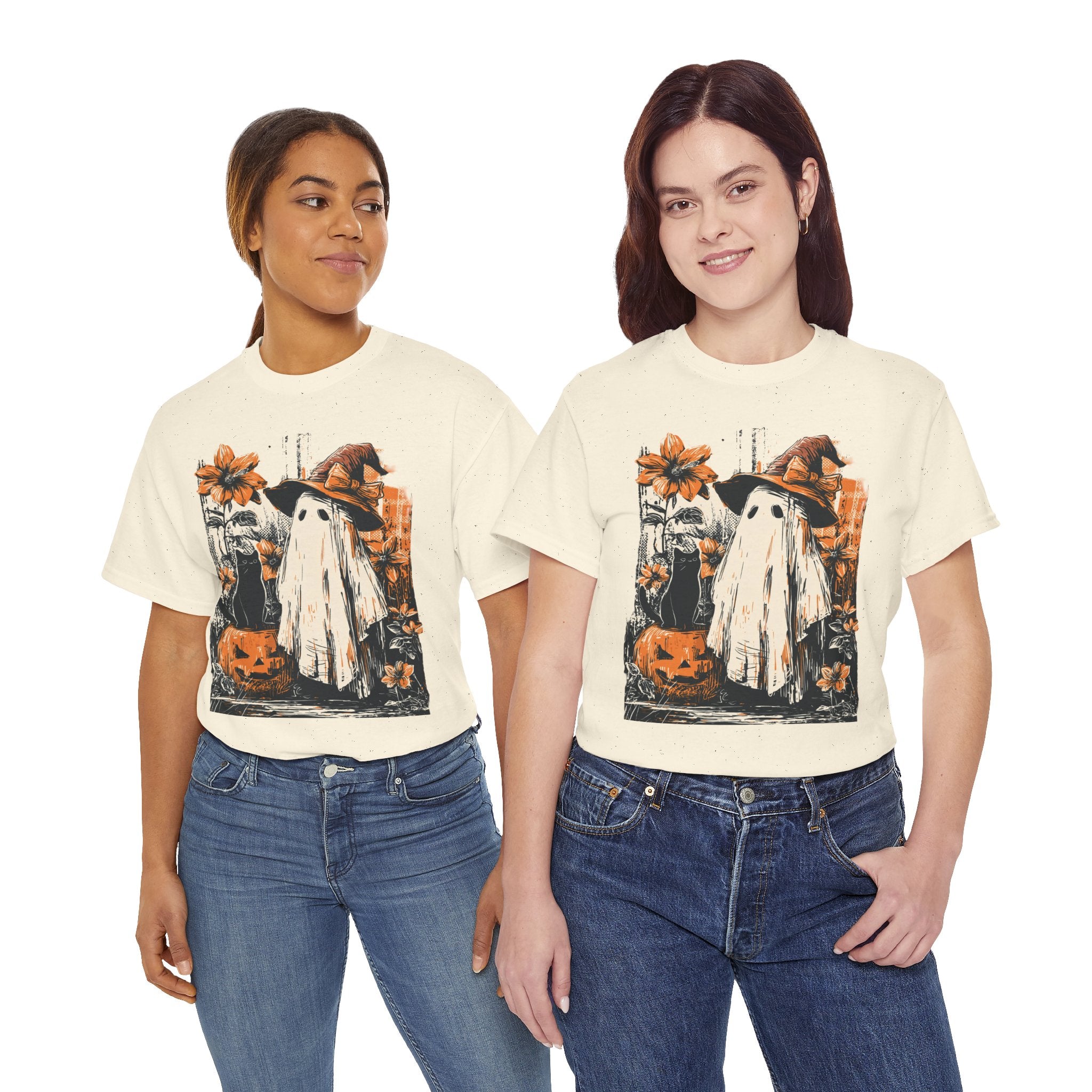 Halloween Ghost Tee — Cute Retro Ghost with Pumpkins & Witch Hat
