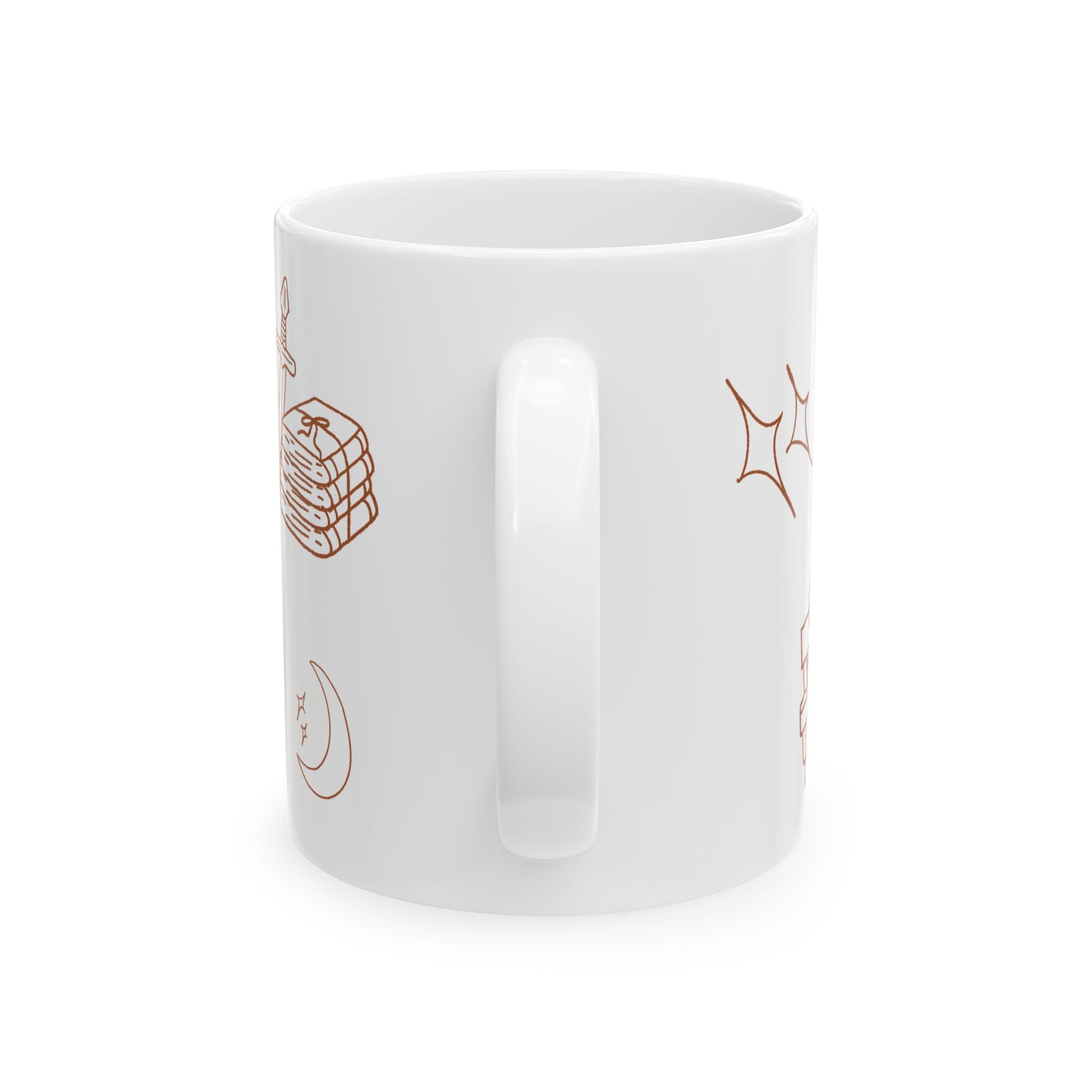 White mug with red geometric patterns on a white background