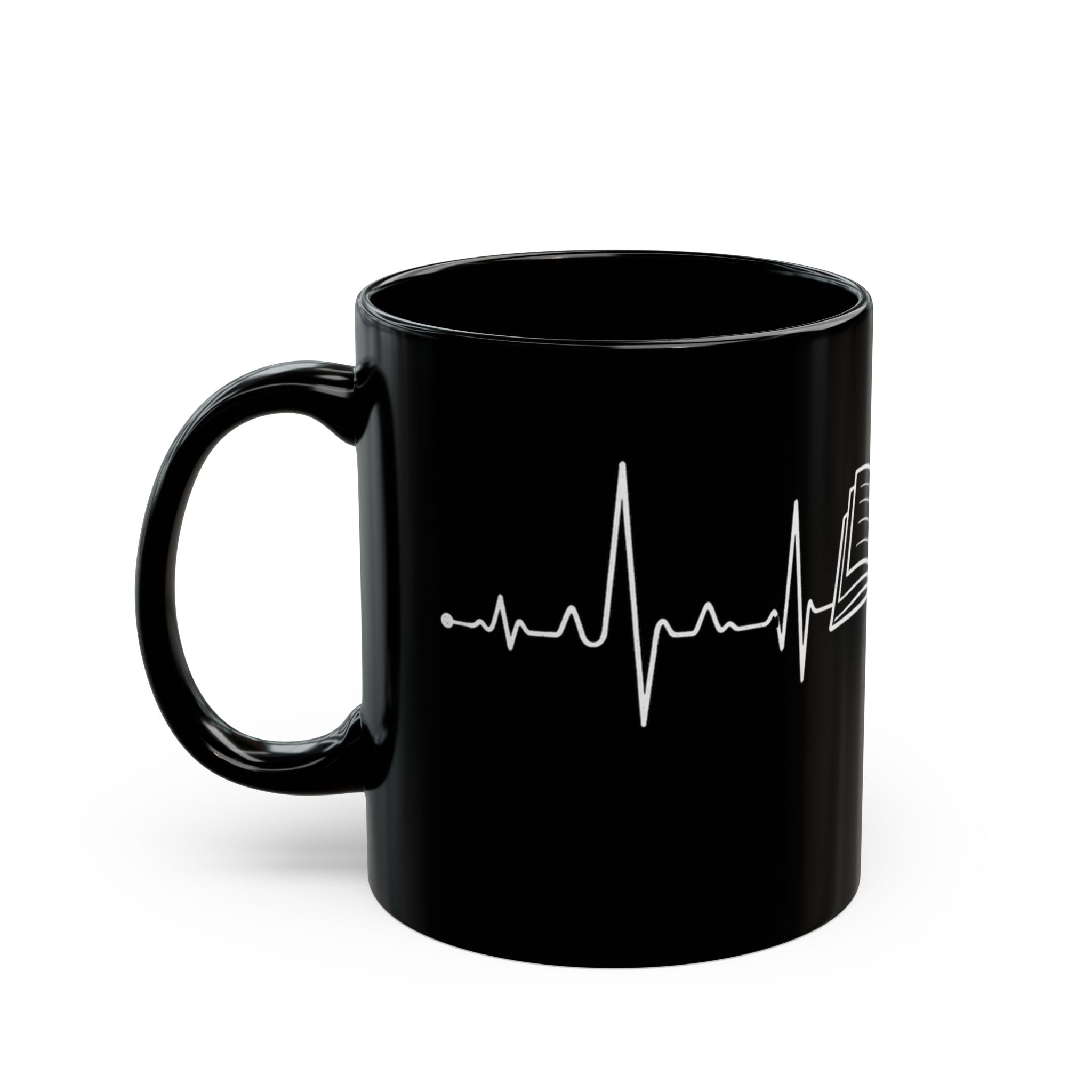 Black mug with humorous text on a white background