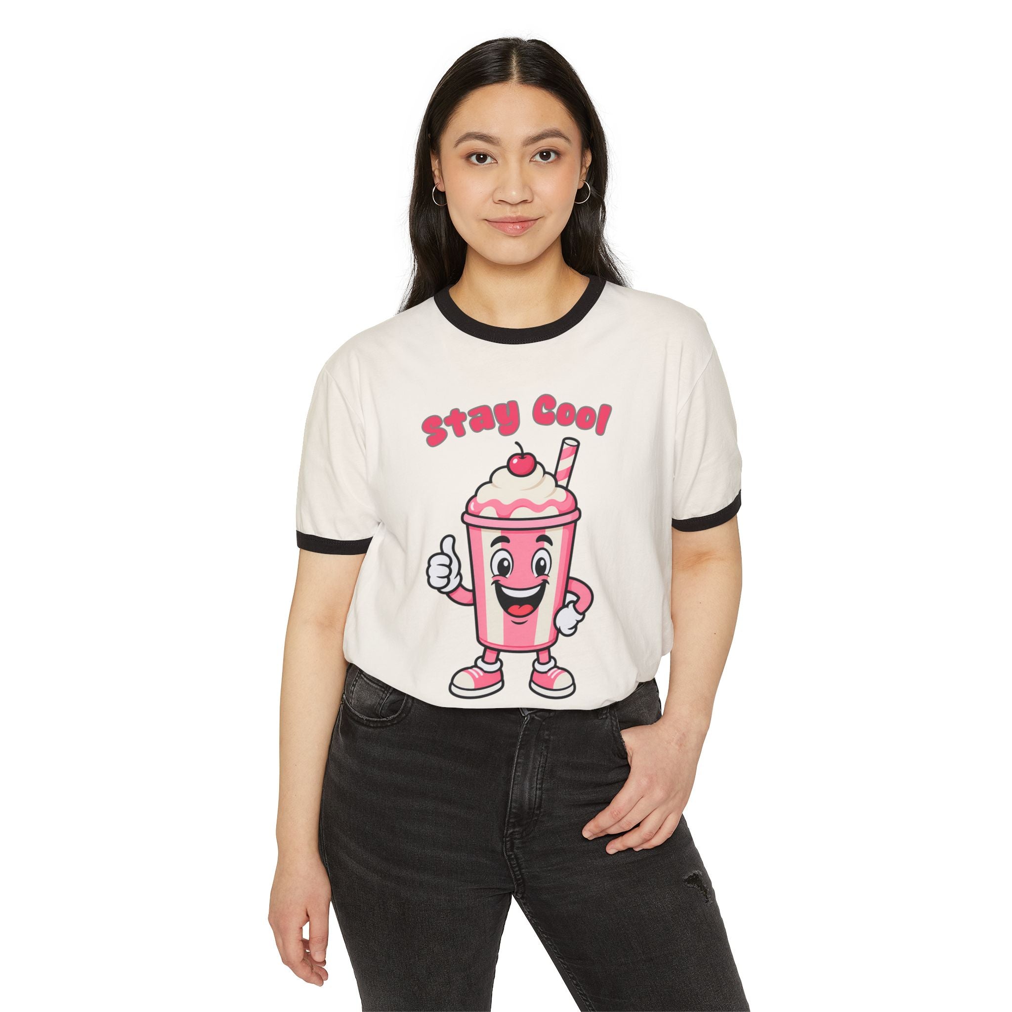 Woman wearing a white t-shirt with a cartoon character and 'Stay Cool' text on a white background