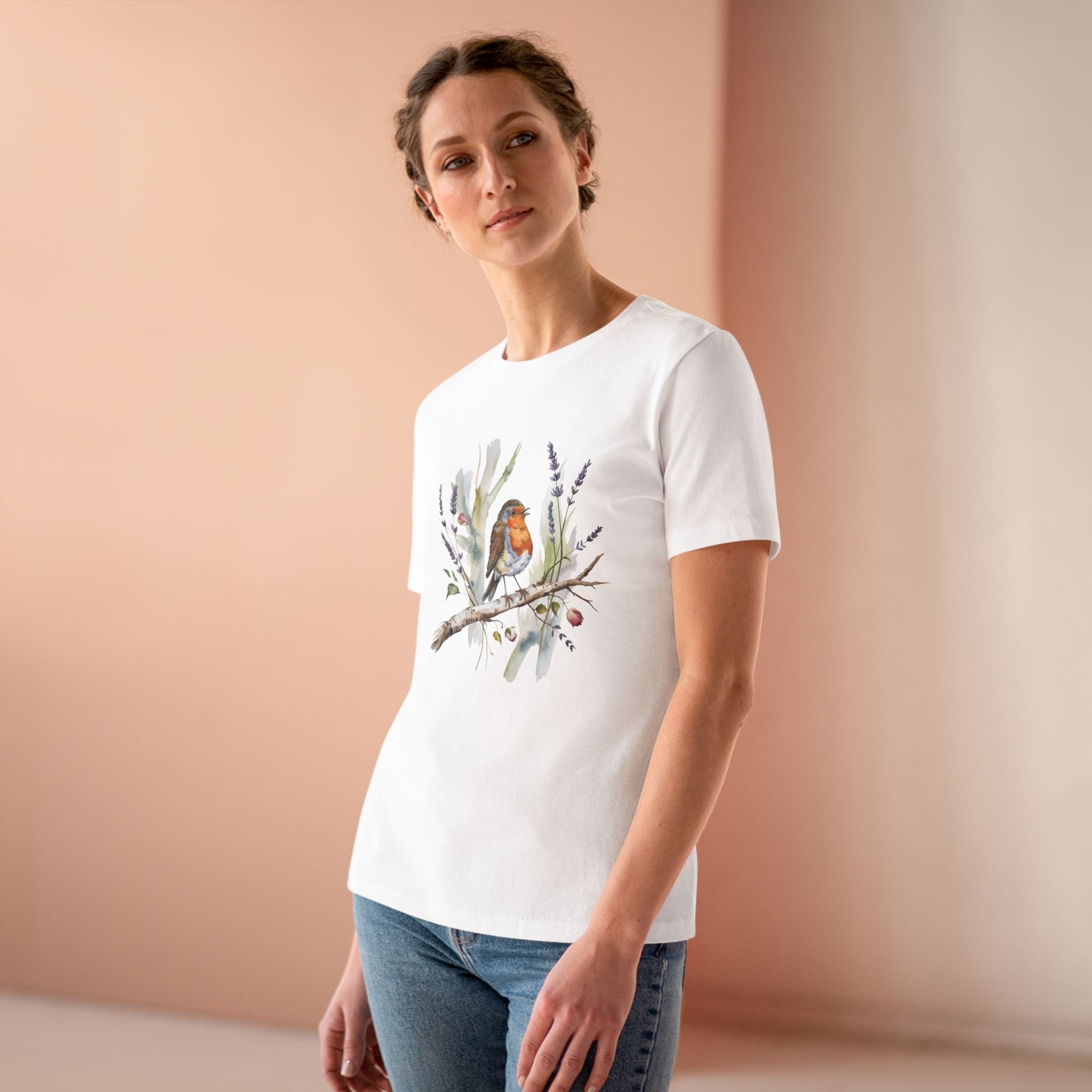 Women's Tee — Watercolor Robin Bird Floral Graphic