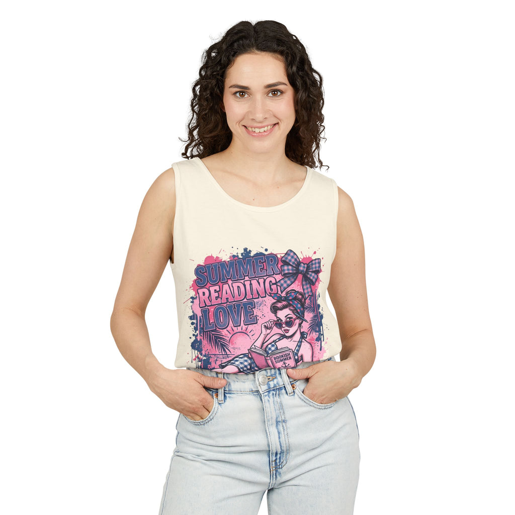 Woman wearing a sleeveless shirt with 'Summer Reading Love' design on a white background
