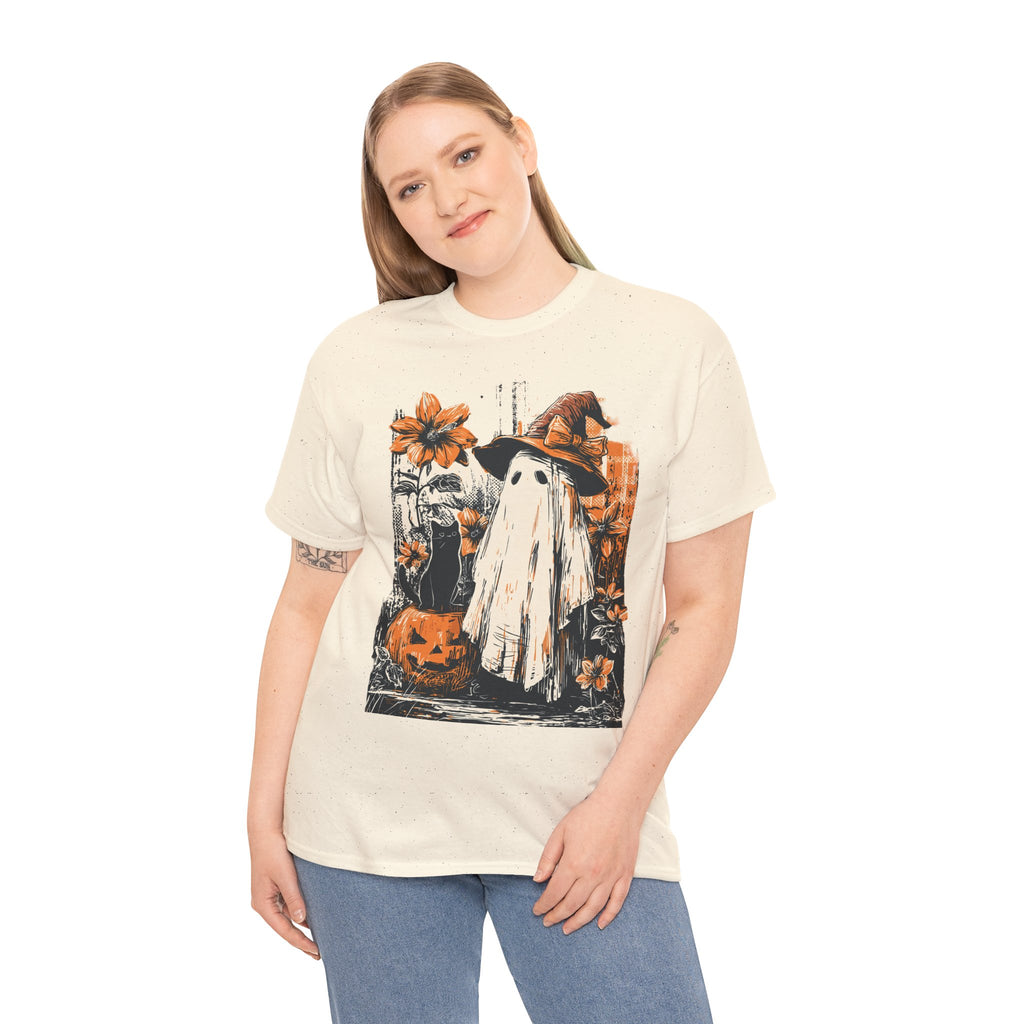 Halloween Ghost Tee — Cute Retro Ghost with Pumpkins & Witch Hat