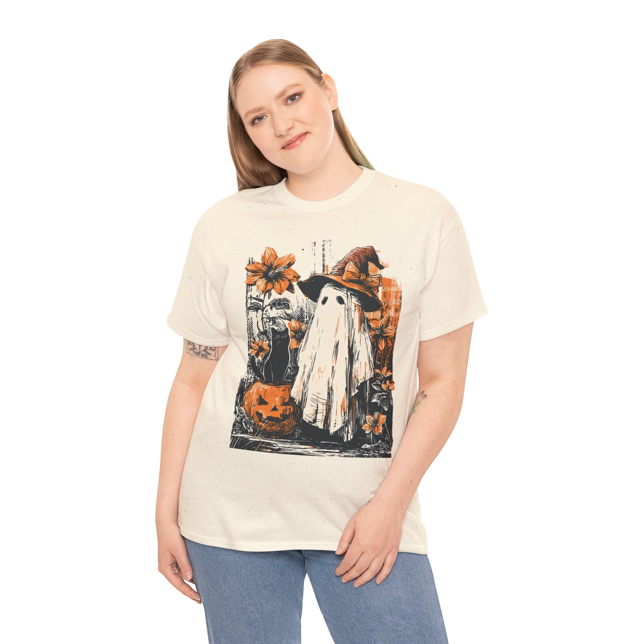Halloween Ghost Tee — Cute Retro Ghost with Pumpkins & Witch Hat