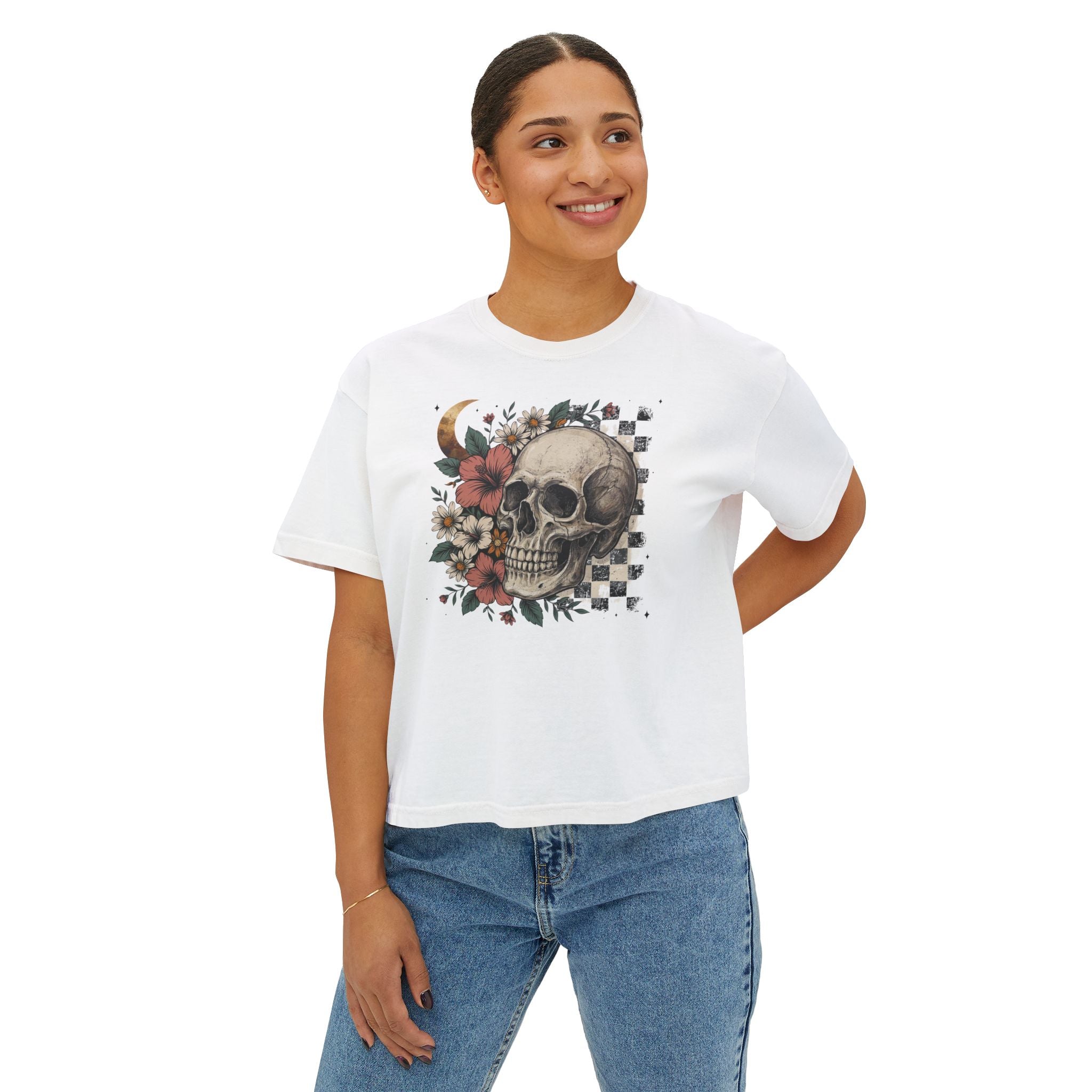 Skull & Floral Boxy Tee — Checkerboard Moon Graphic Women's T‑Shirt
