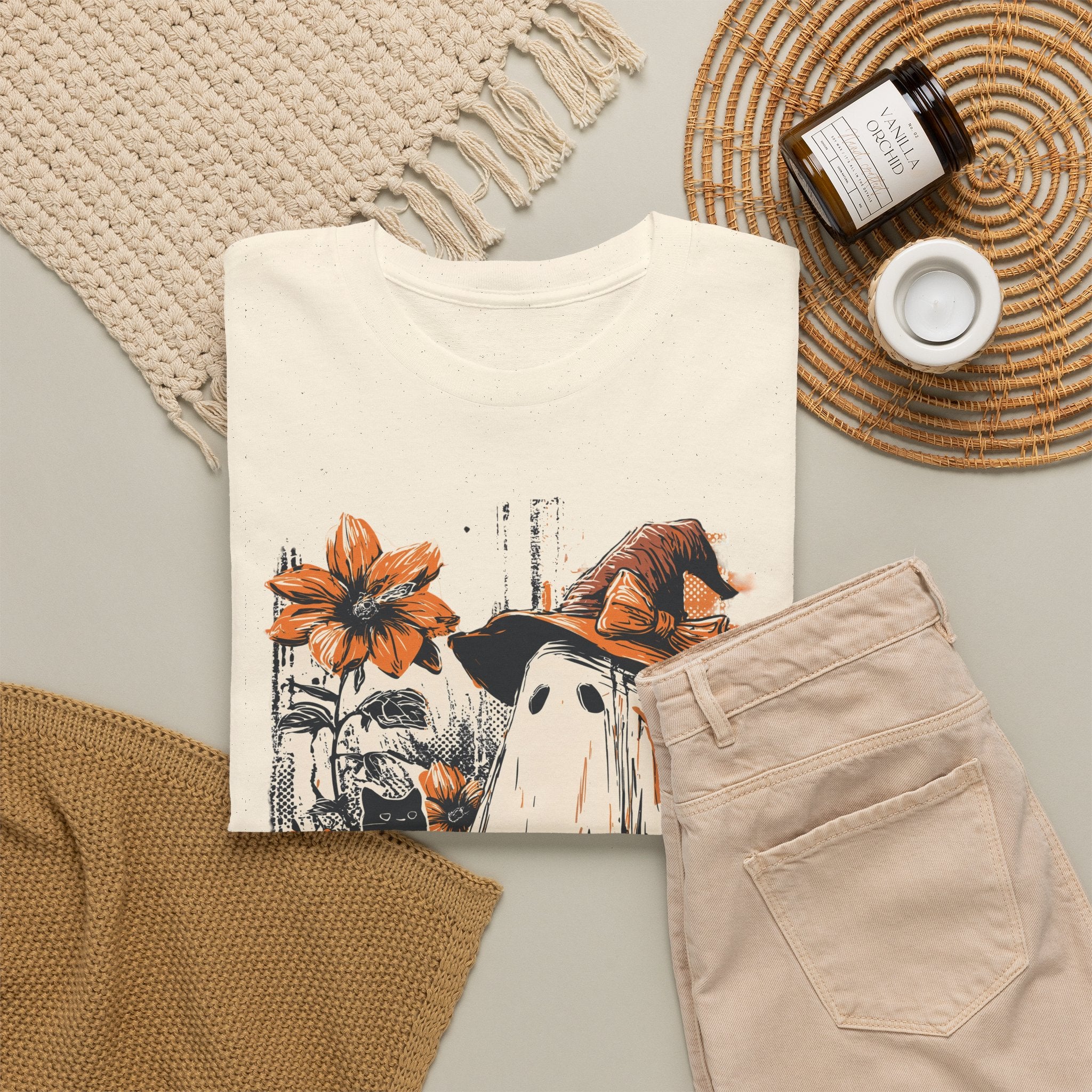 Halloween Ghost Tee — Cute Retro Ghost with Pumpkins & Witch Hat