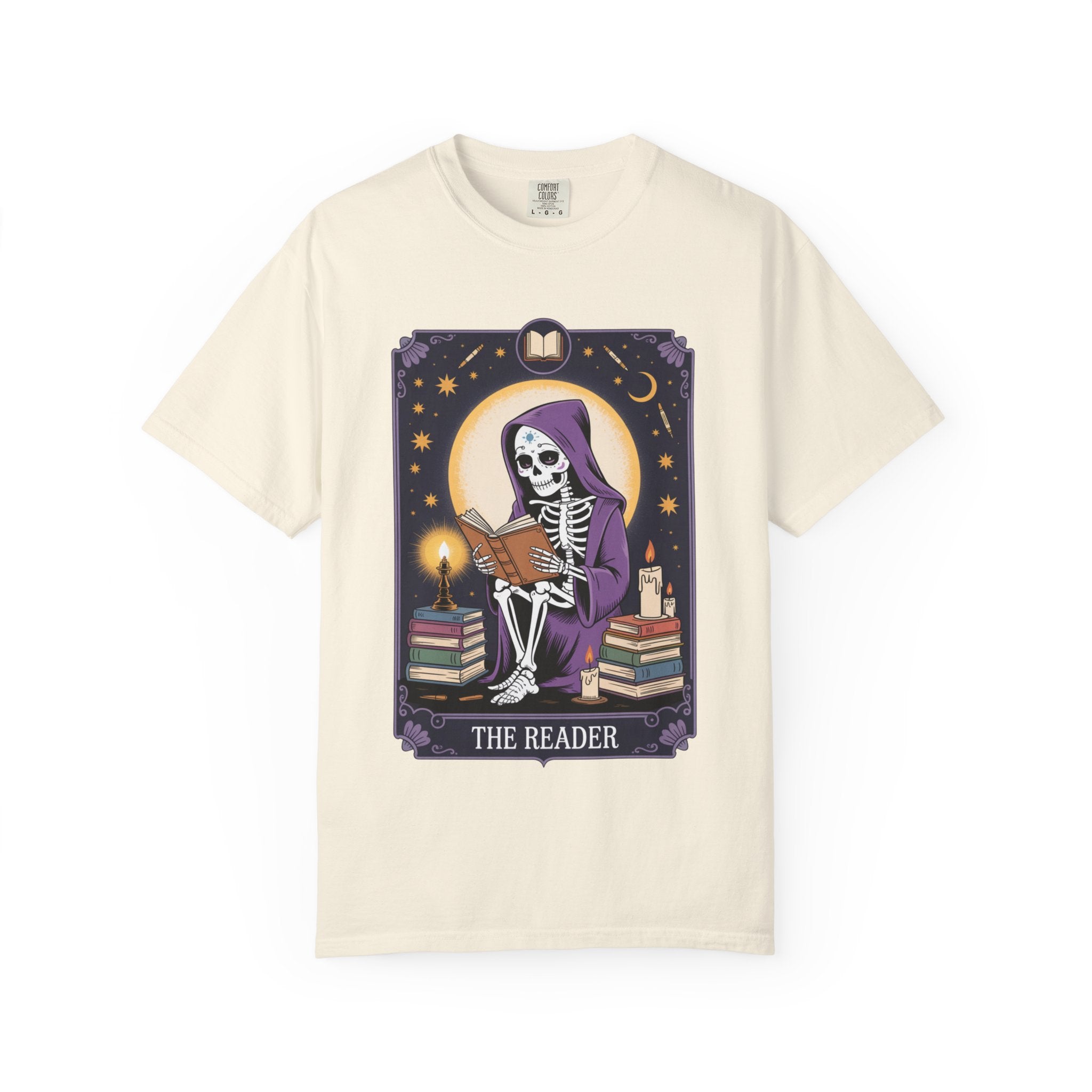 Beige t-shirt with a skeleton reading a book design on a white background