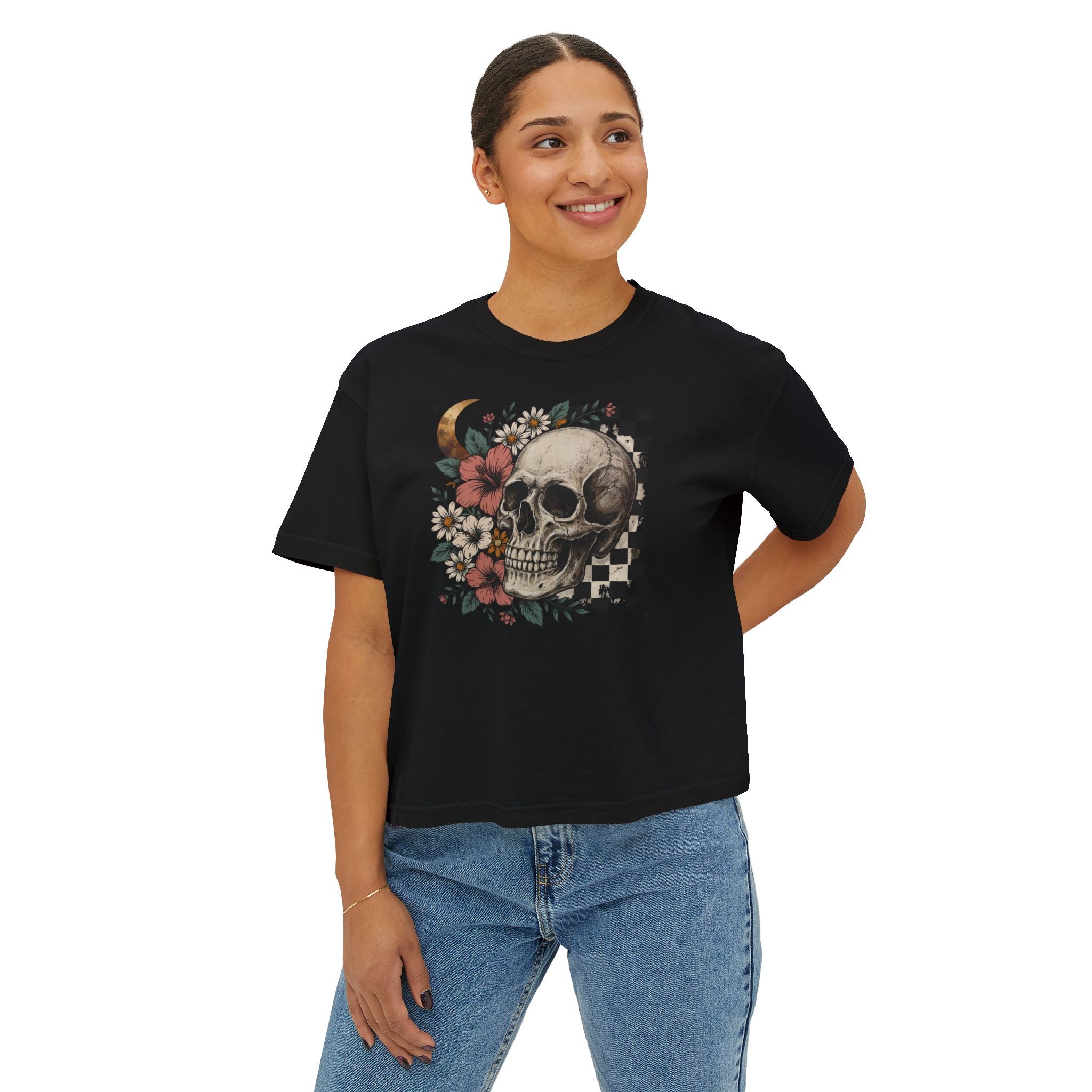 Skull & Floral Boxy Tee — Checkerboard Moon Graphic Women's T‑Shirt