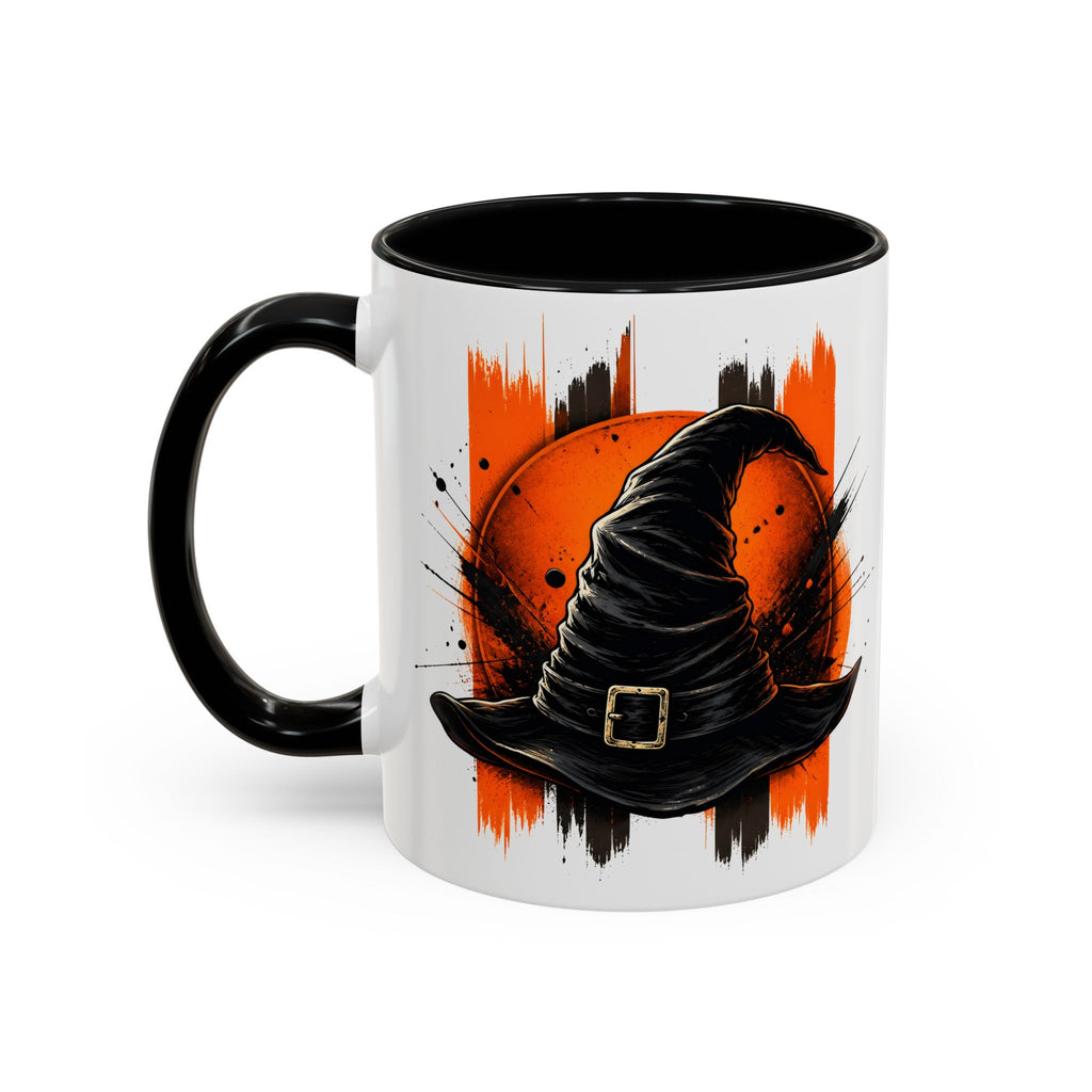 Black Hat & Orange Brushstroke Accent Coffee Mug — Halloween Cat Coffee Cup (11/15oz)