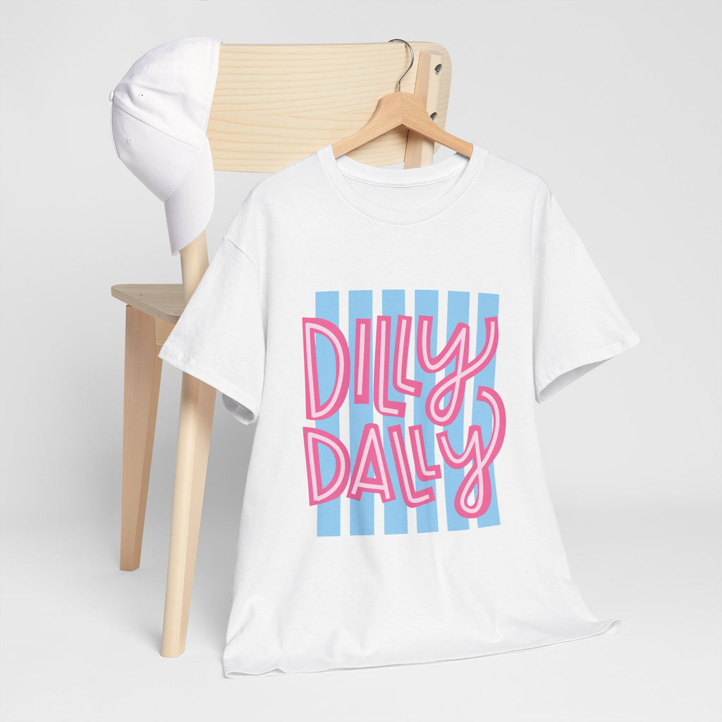 Dilly Dally script design T-Shirt | retro pink lettering, blue stripes