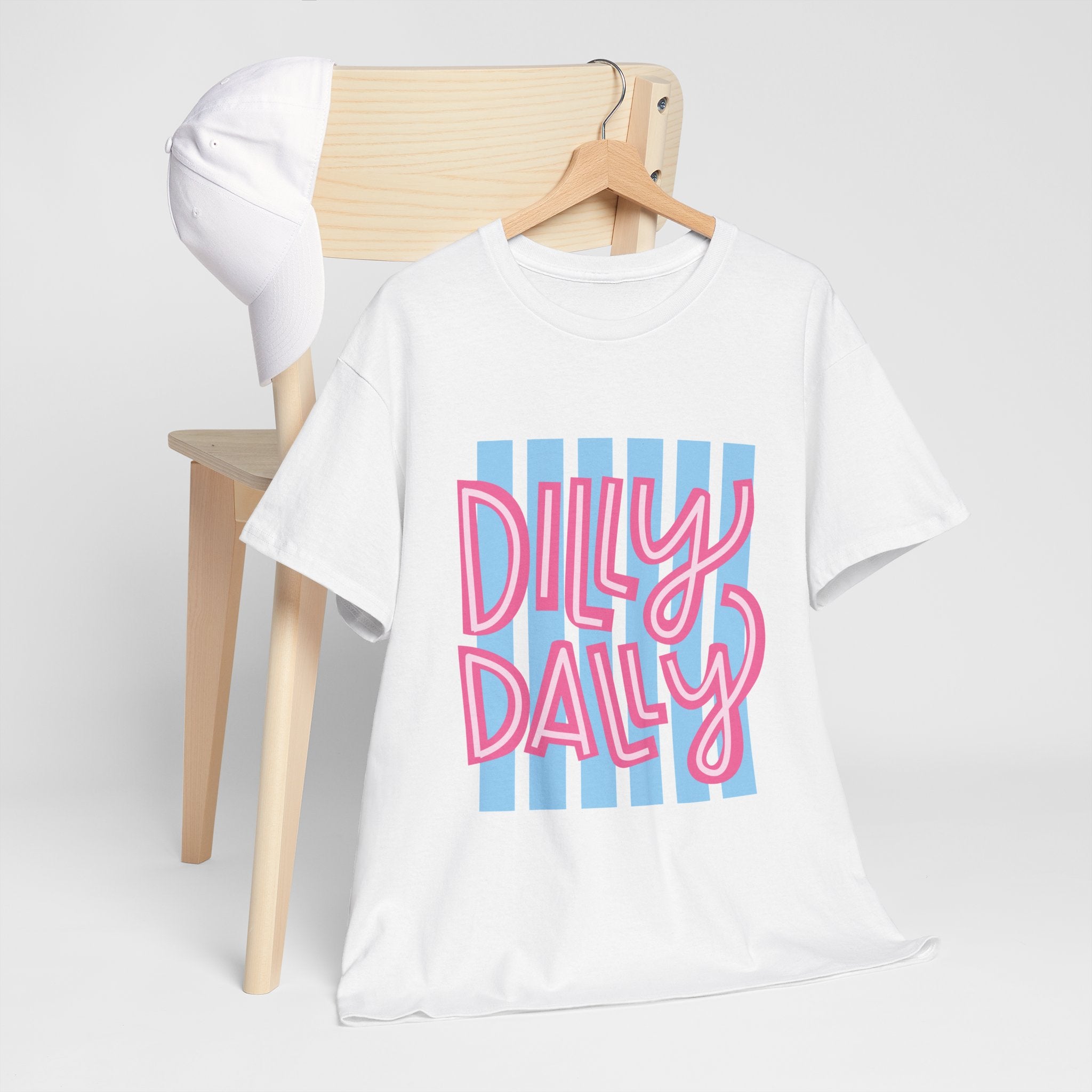 Dilly Dally script design T-Shirt | retro pink lettering, blue stripes