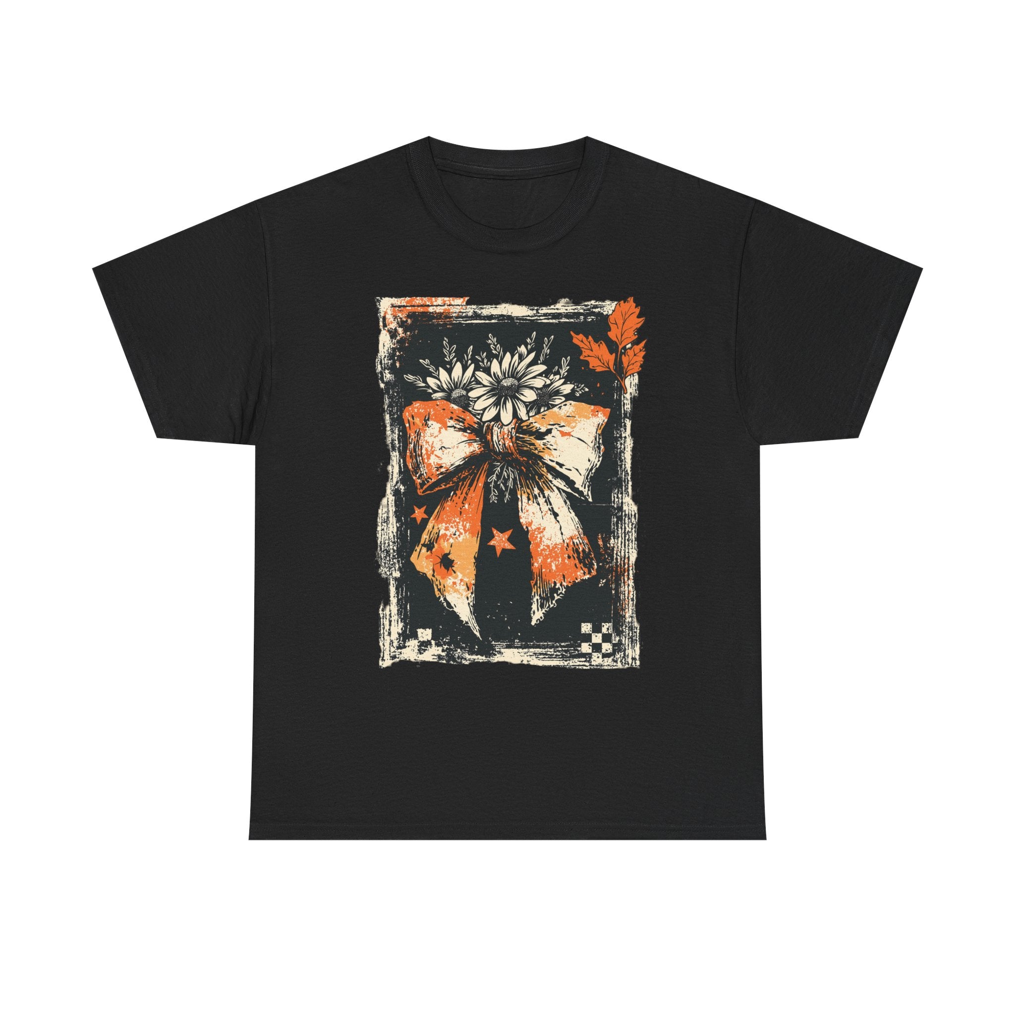 Halloween Bow Tee — Distressed Orange & Black Floral Ribbon Graphic