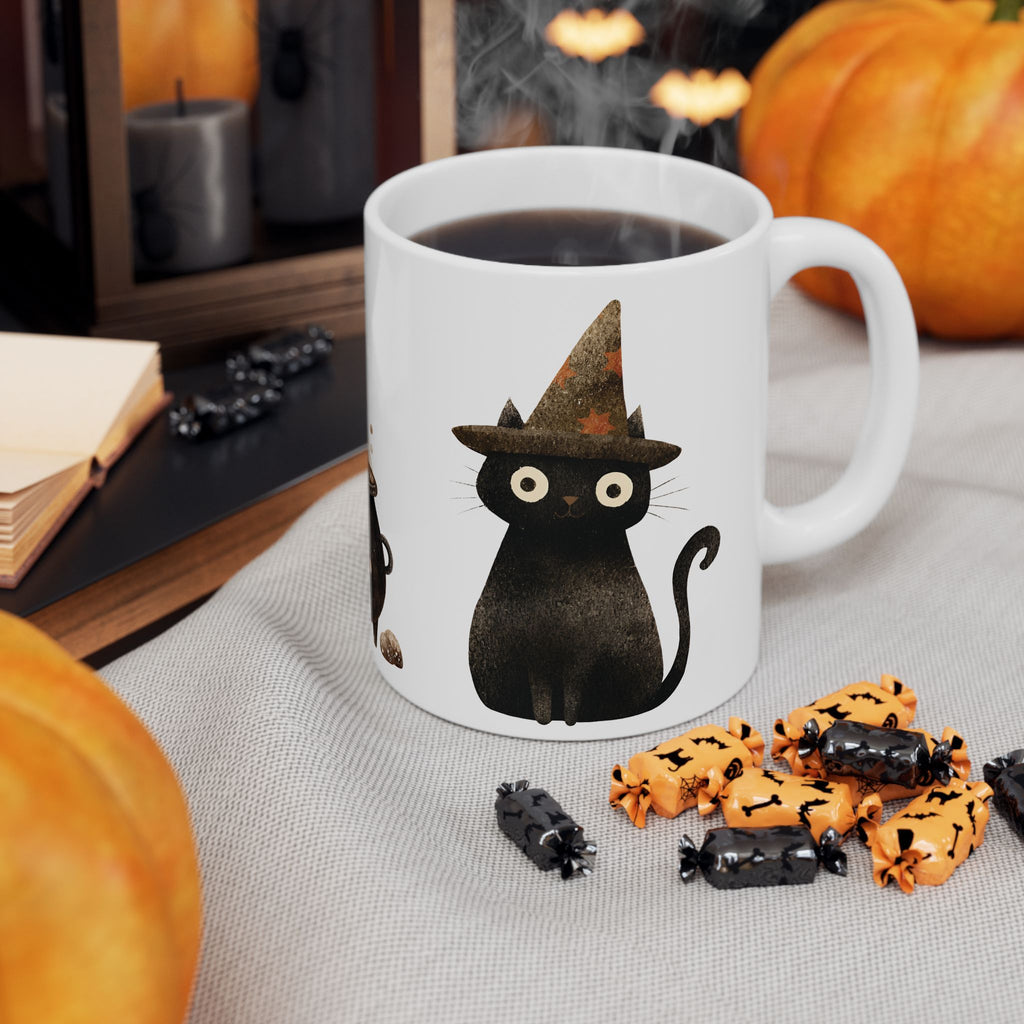 Witch Cat Ceramic Mug — Cute Black Cats & Bubbling Cauldron Coffee Cup (11oz/15oz)