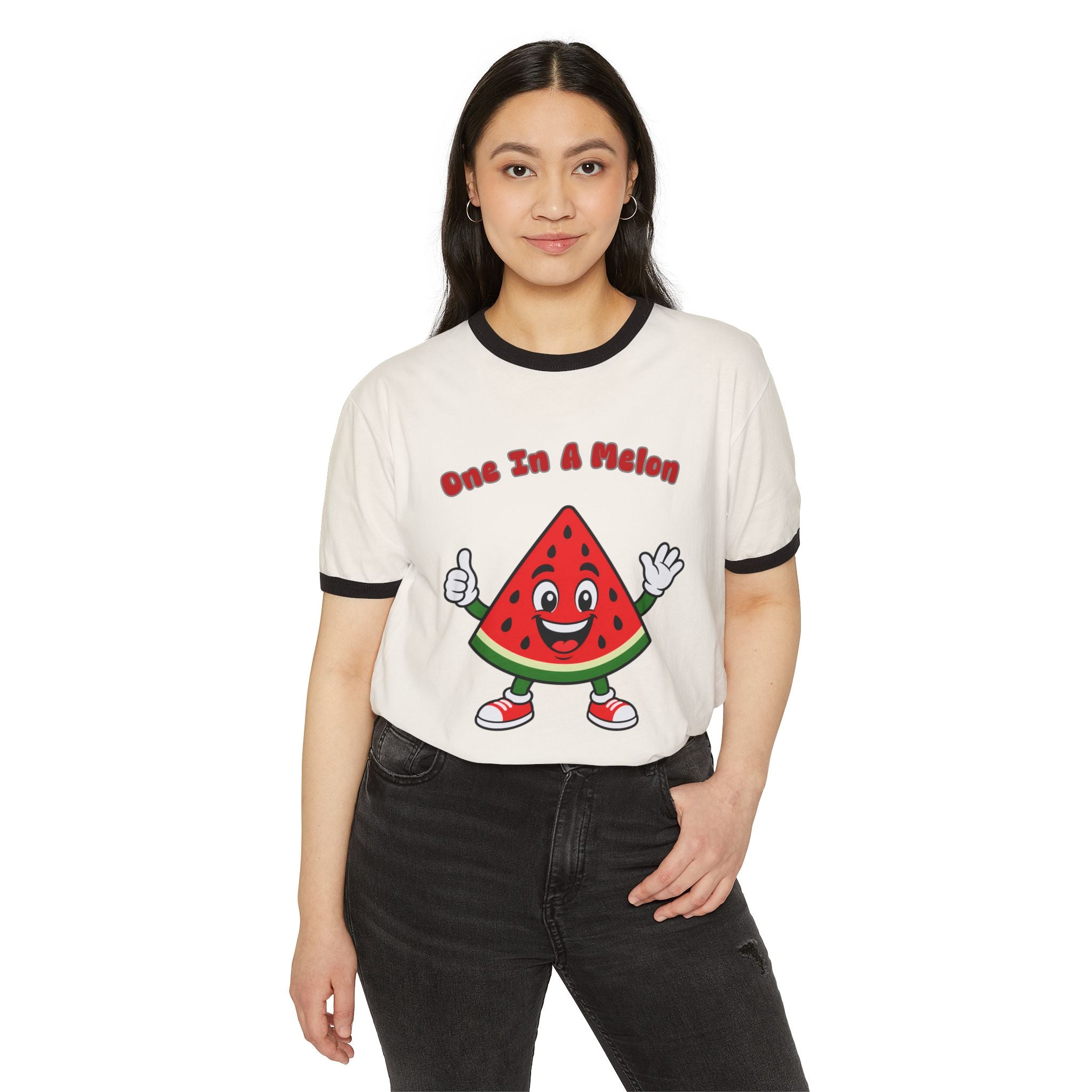 "One In A Melon" Cute Watermelon Slice Graphic Ringer Tee
