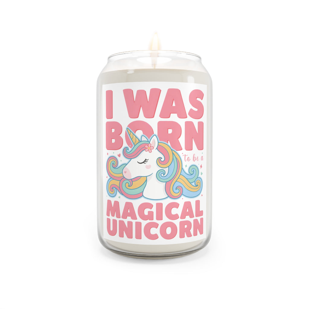 Candle with a unicorn design and text on a white background