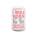 Candle with a unicorn design and text on a white background