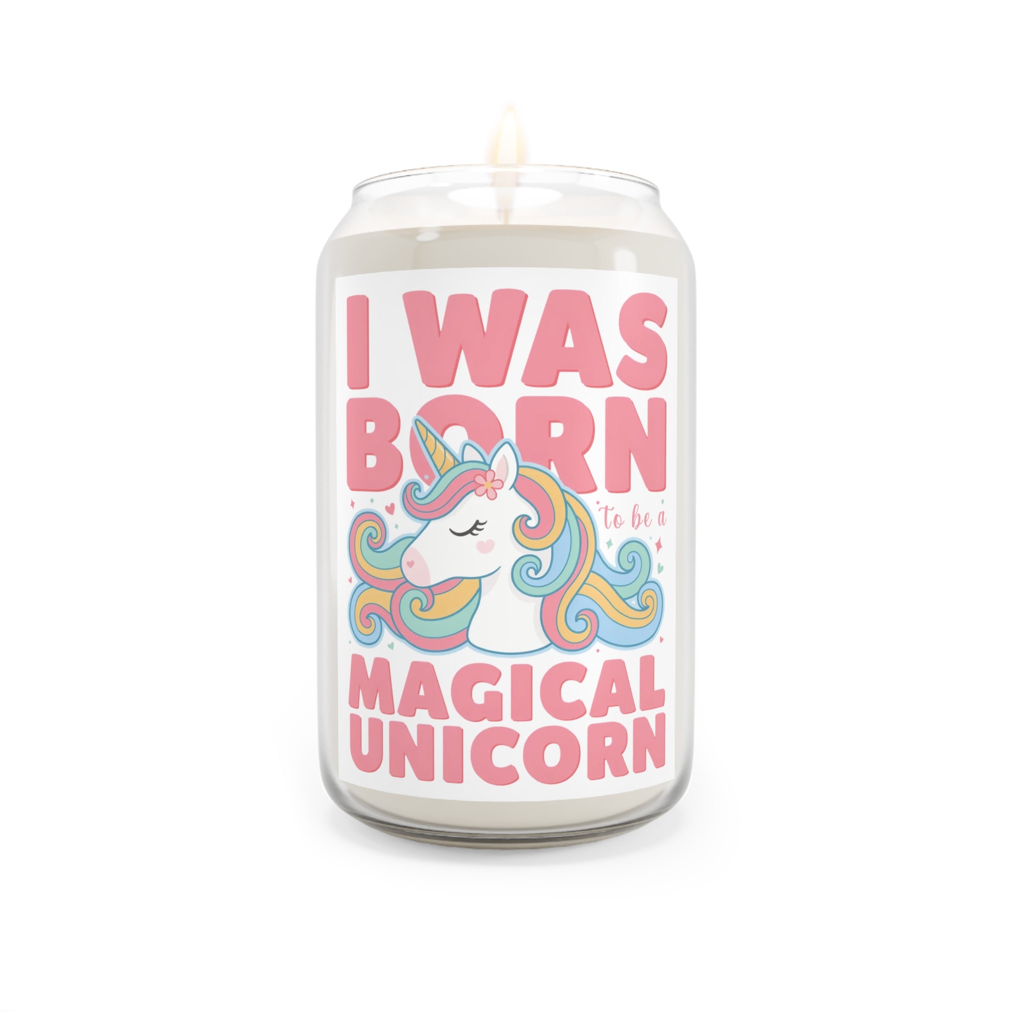 Candle with a unicorn design and text on a white background