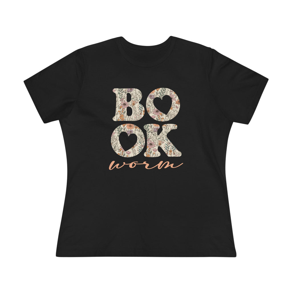 Black t-shirt with floral 'BOOK WORM' text design on a white background