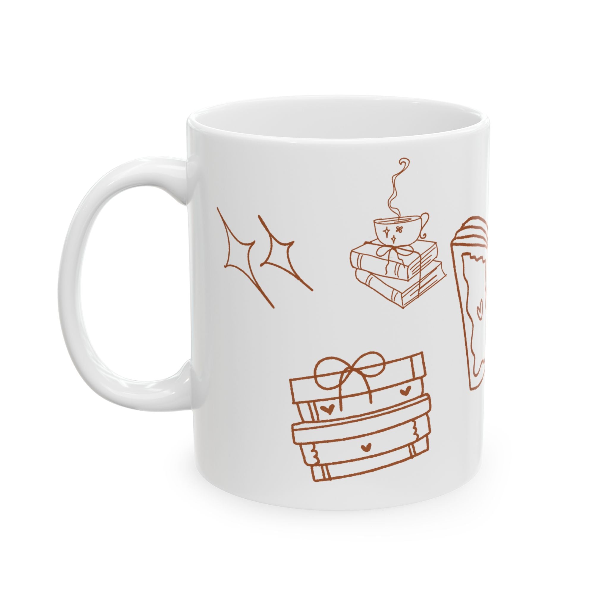 White mug with brown illustrations on a white background