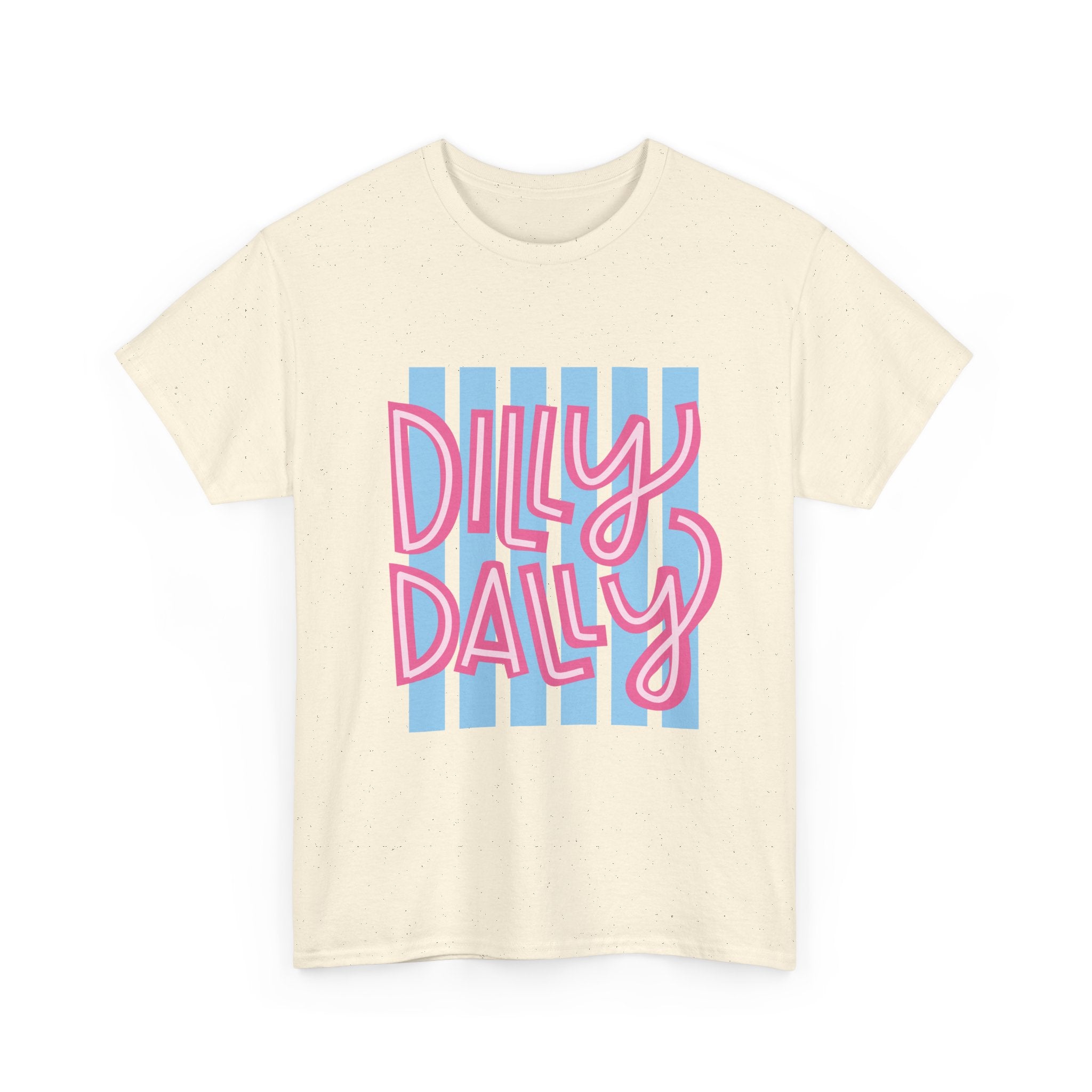 Dilly Dally script design T-Shirt | retro pink lettering, blue stripes