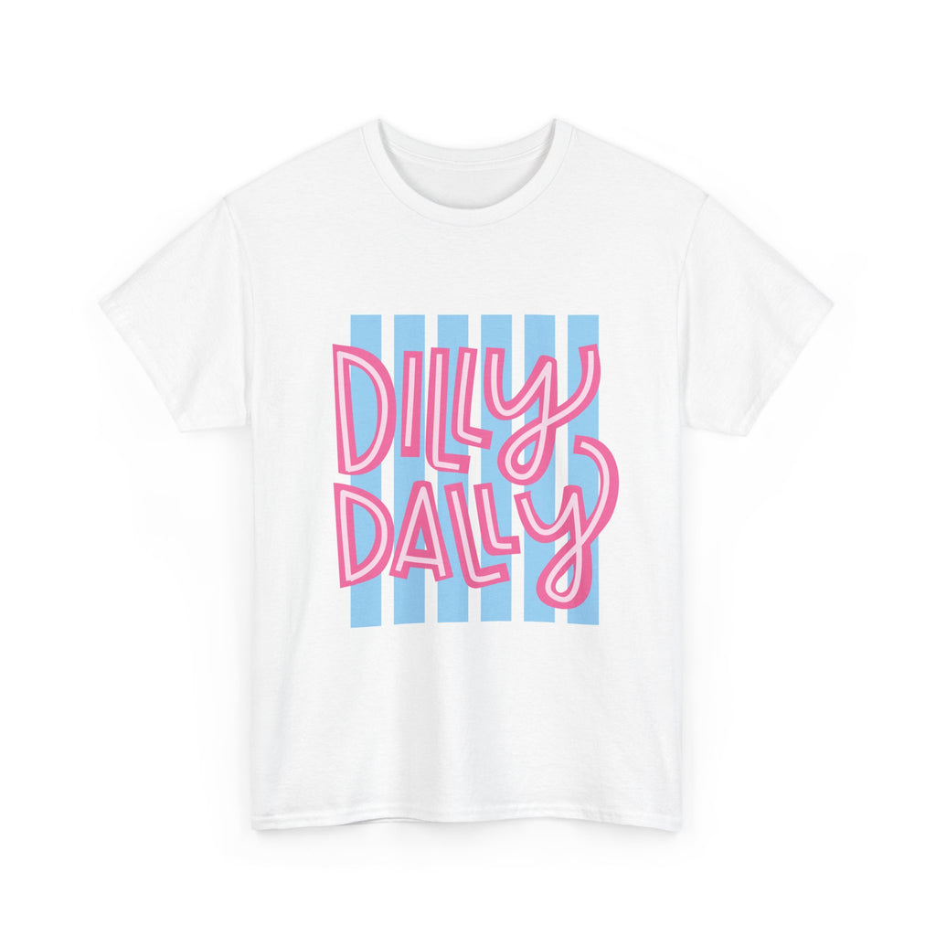 Dilly Dally script design T-Shirt | retro pink lettering, blue stripes