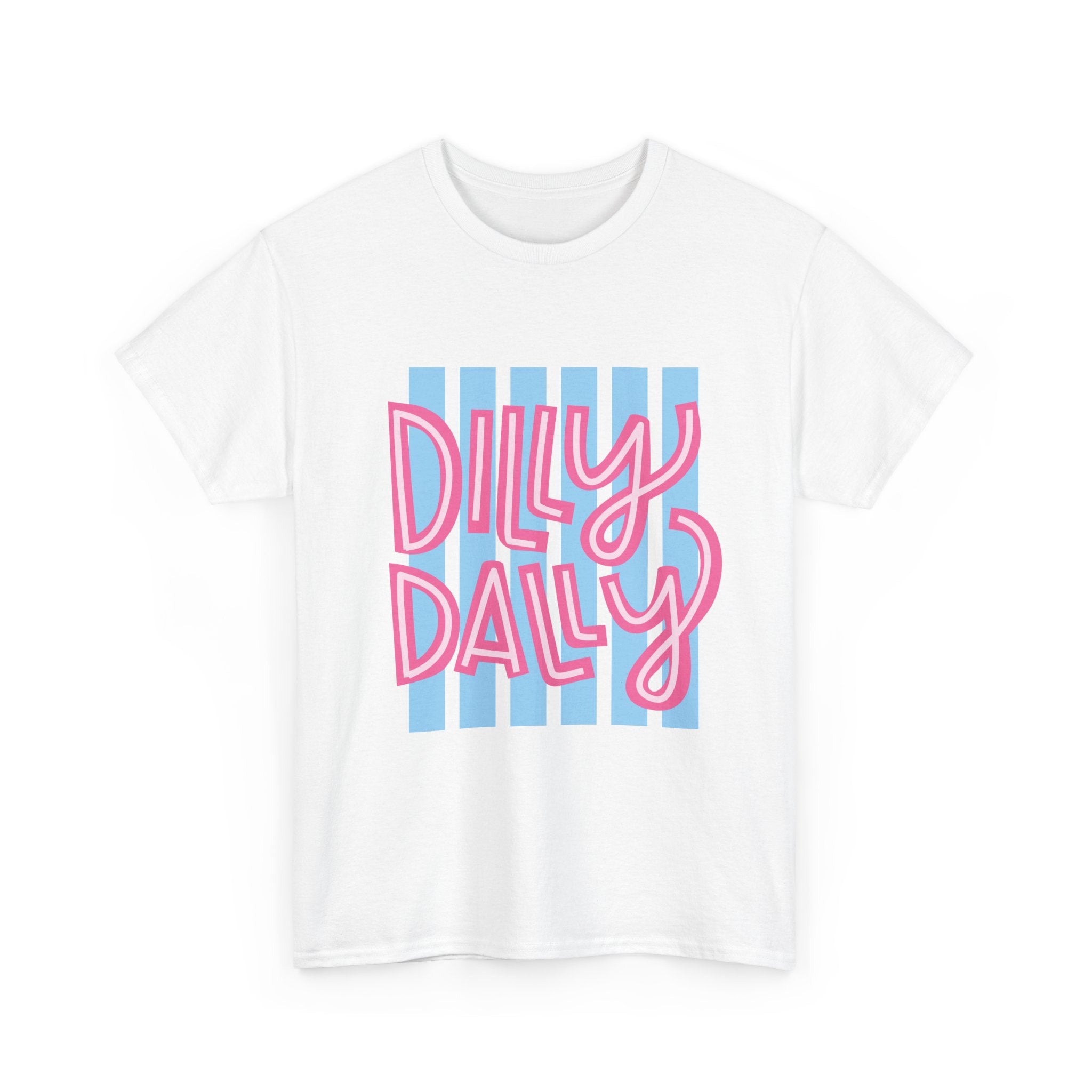 Dilly Dally script design T-Shirt | retro pink lettering, blue stripes