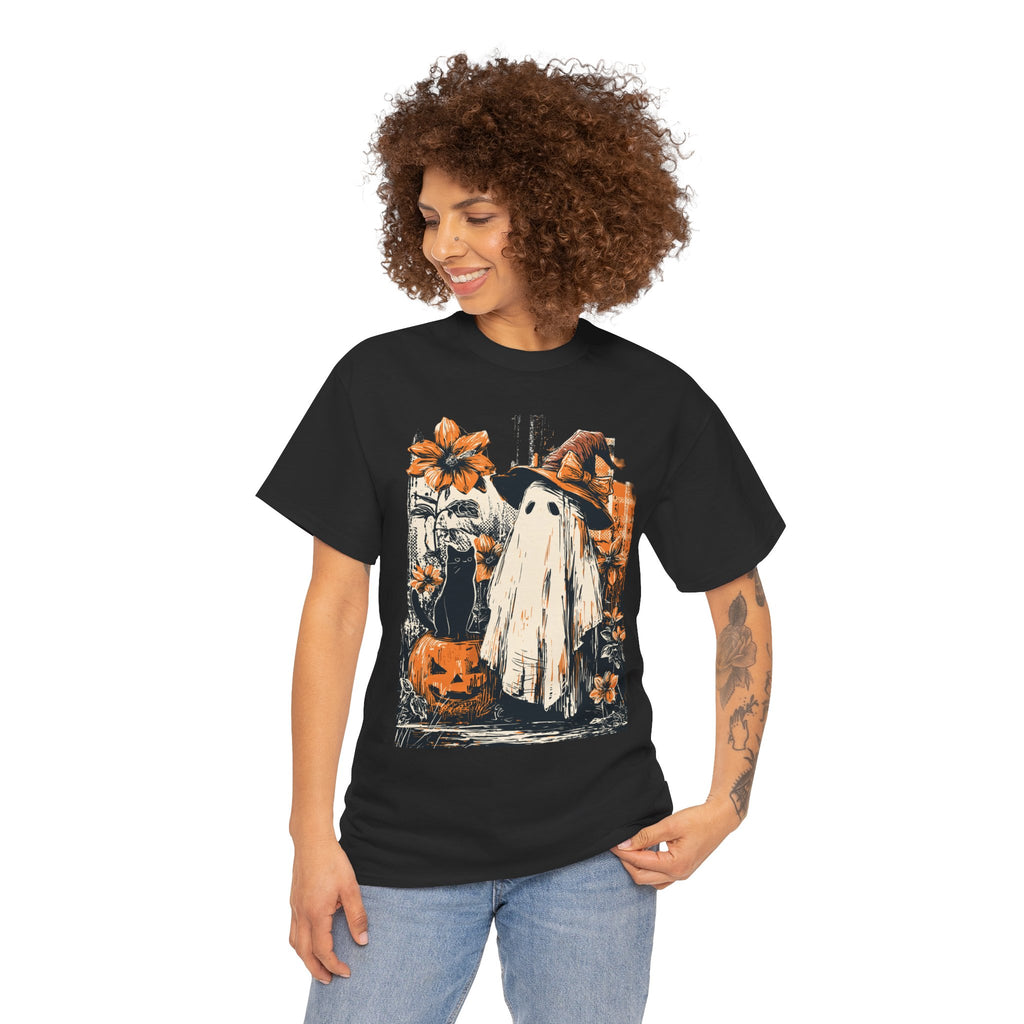 Halloween Ghost Tee — Cute Retro Ghost with Pumpkins & Witch Hat