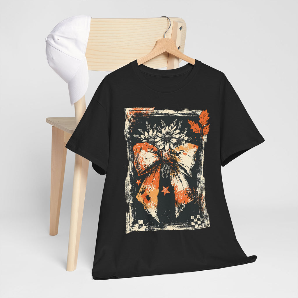 Halloween Bow Tee — Distressed Orange & Black Floral Ribbon Graphic