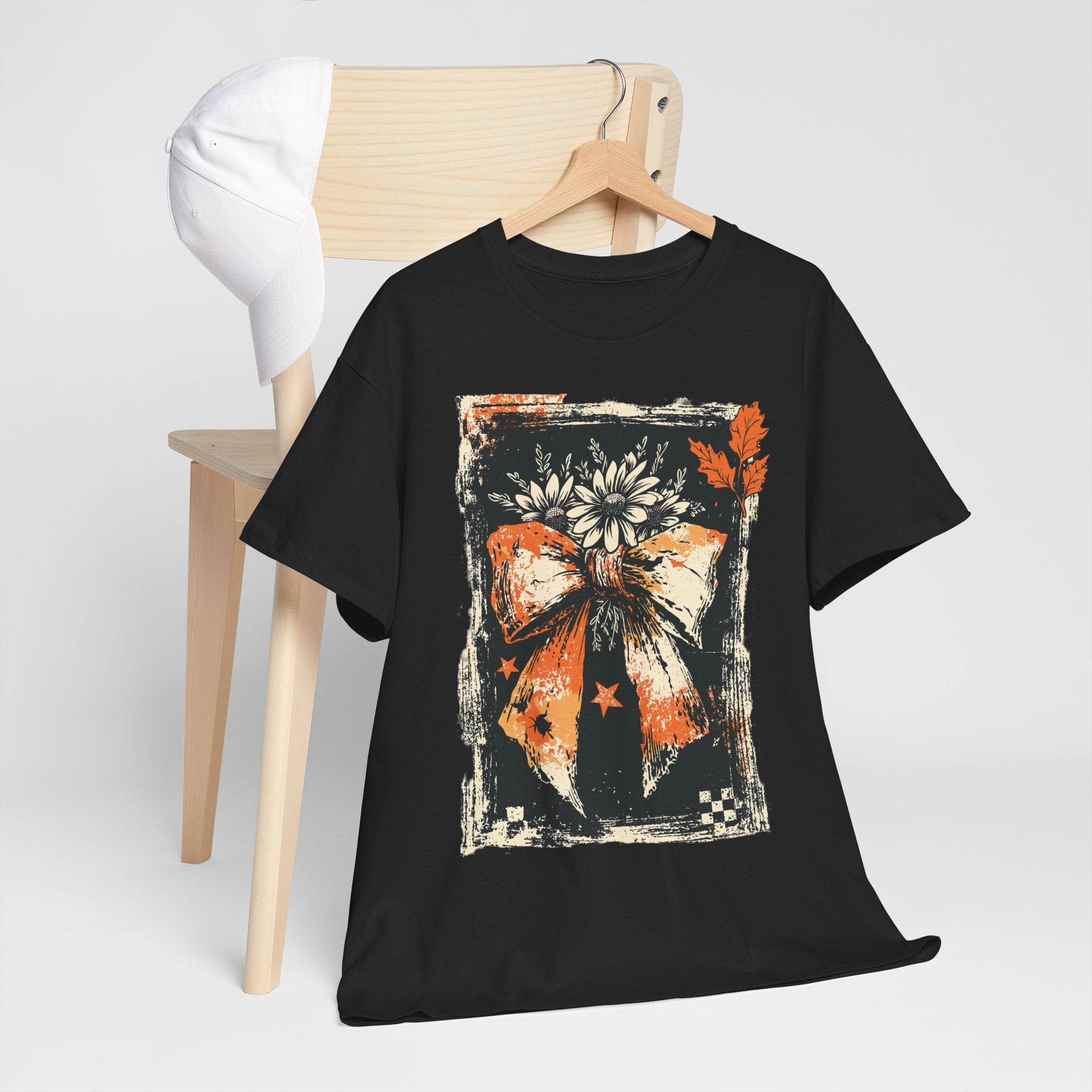 Halloween Bow Tee — Distressed Orange & Black Floral Ribbon Graphic