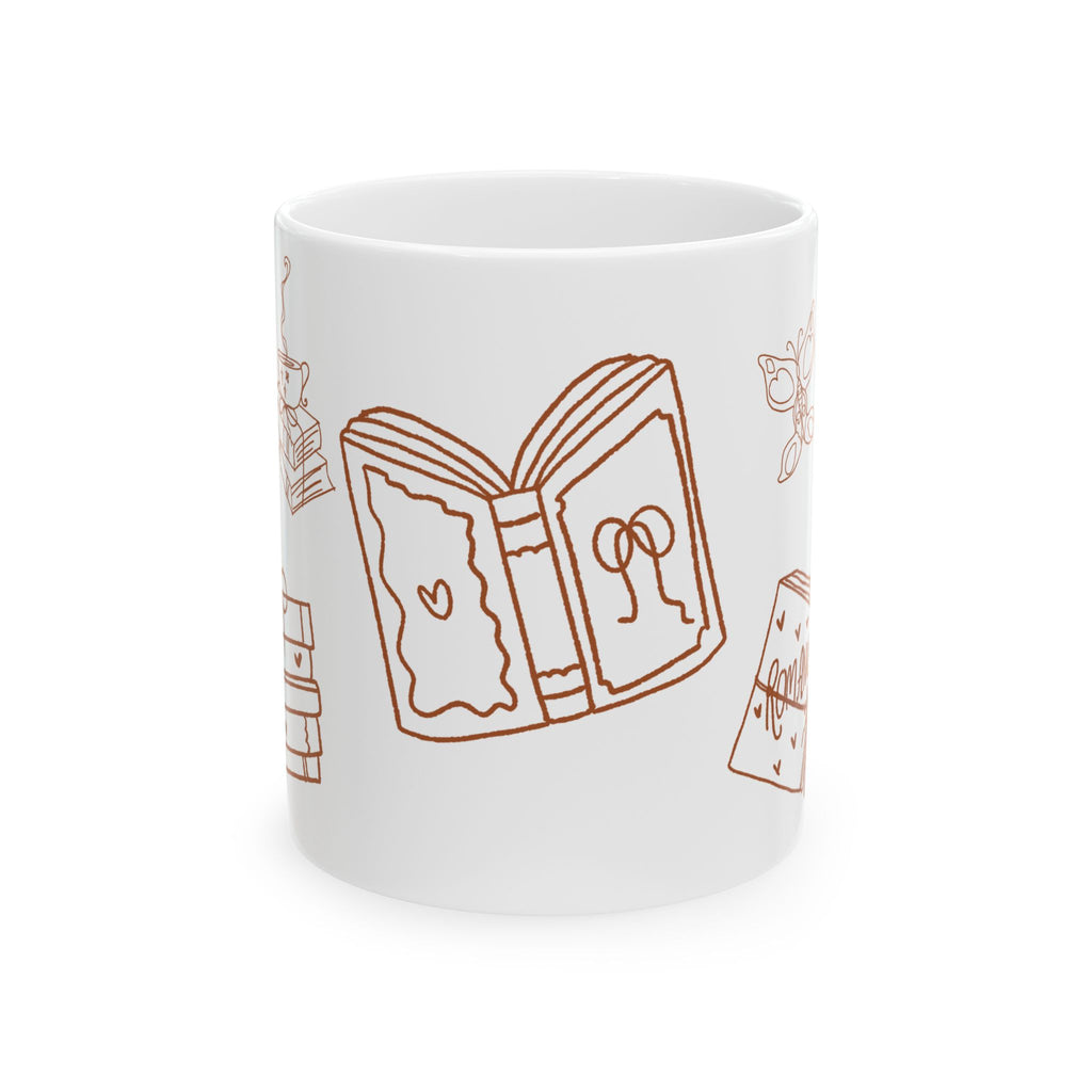 White mug with brown line drawings of books on a white background