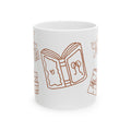White mug with brown line drawings of books on a white background