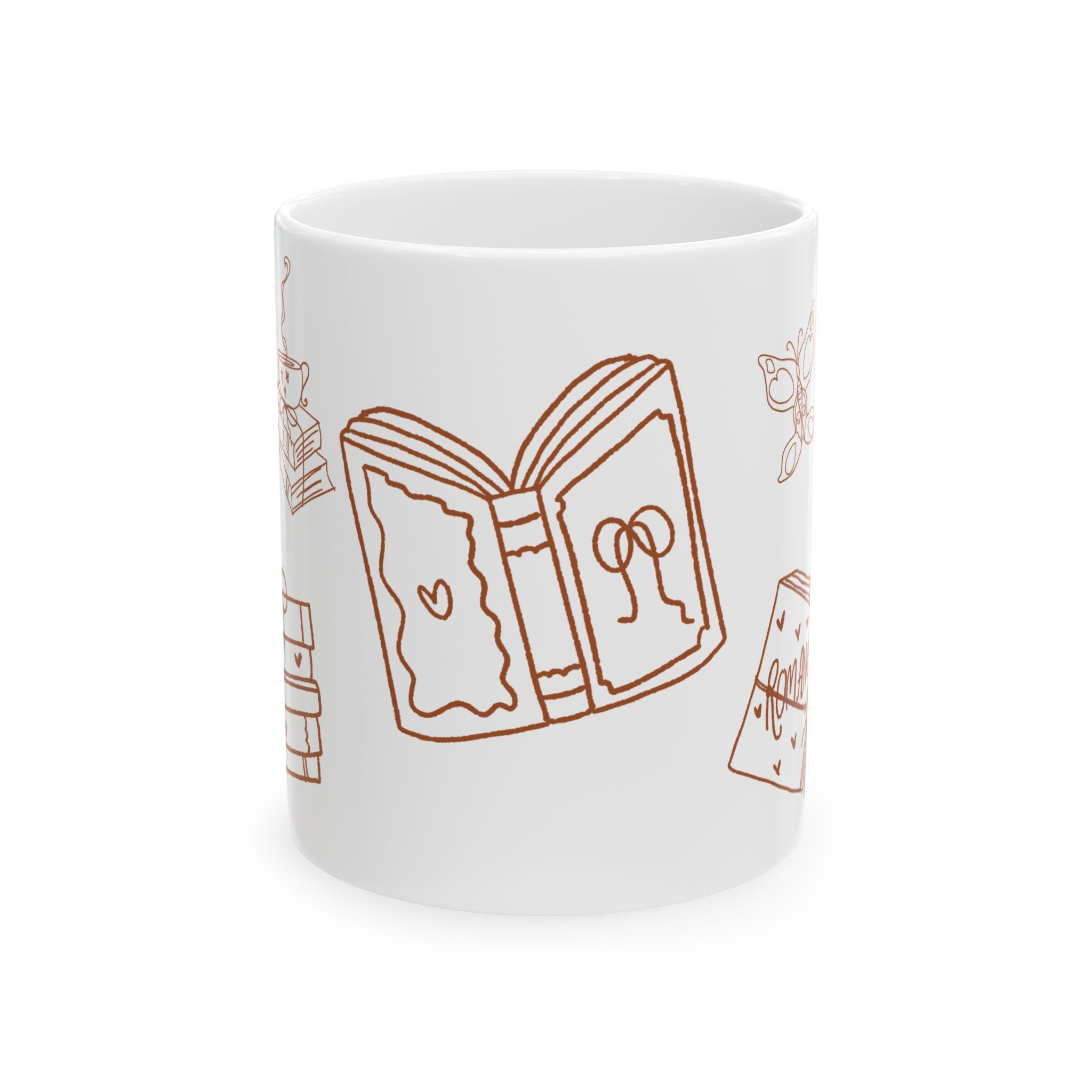 White mug with brown line drawings of books on a white background