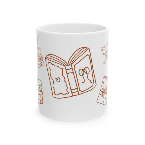 White mug with brown line drawings of books on a white background