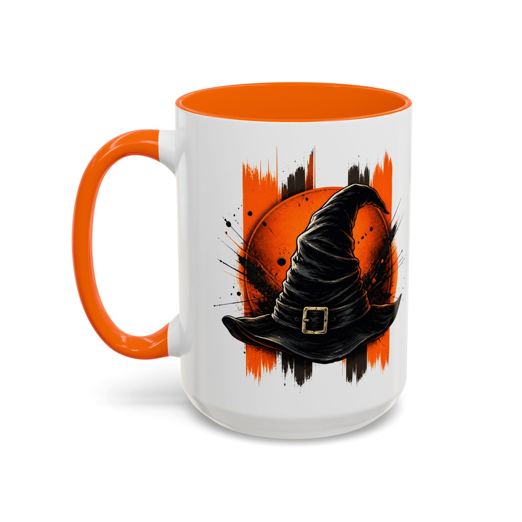 Black Hat & Orange Brushstroke Accent Coffee Mug — Halloween Cat Coffee Cup (11/15oz)