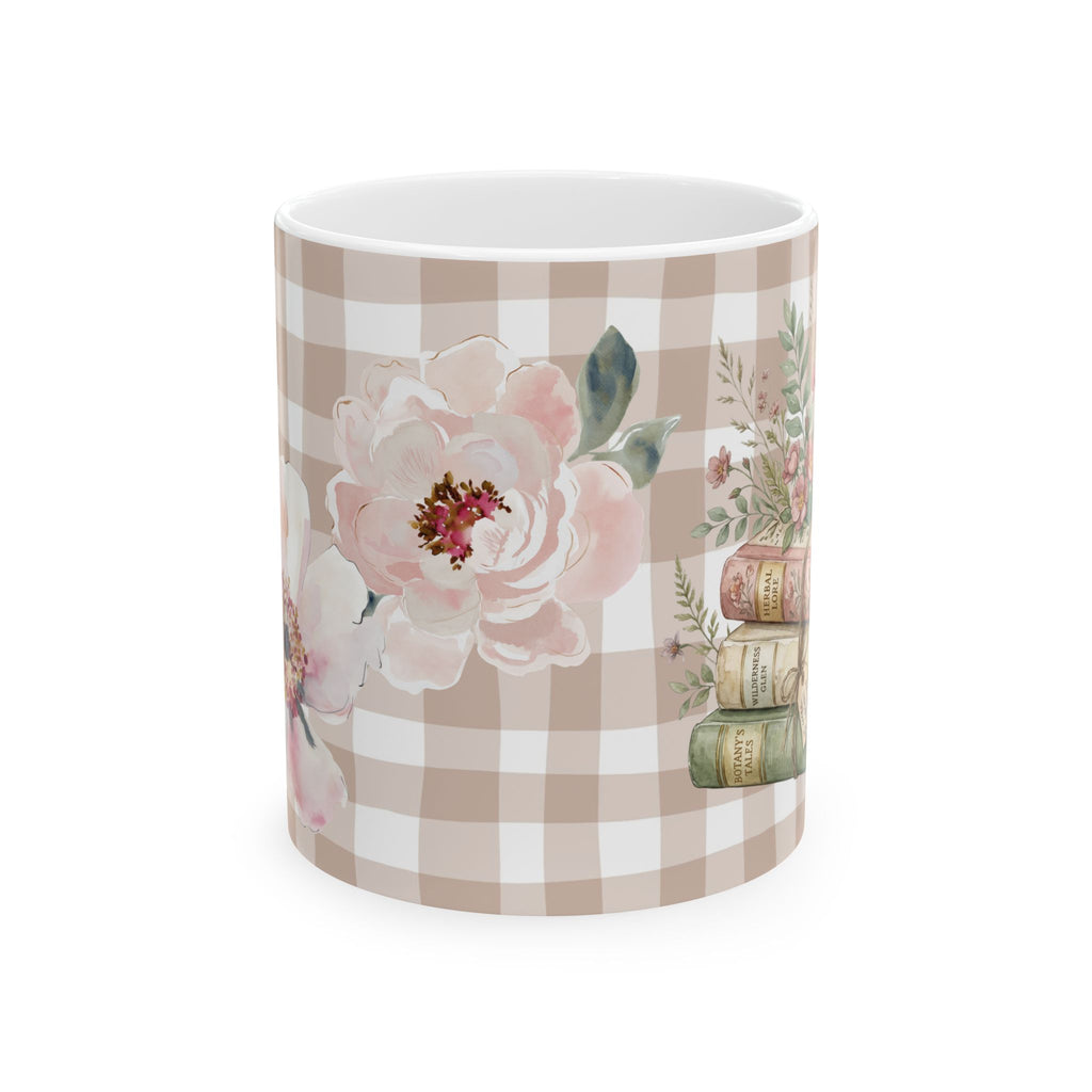 Floral Gingham Ceramic Mug – Stack of Vintage Books & Pink Peonies (11oz)
