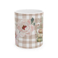 Floral Gingham Ceramic Mug – Stack of Vintage Books & Pink Peonies (11oz)