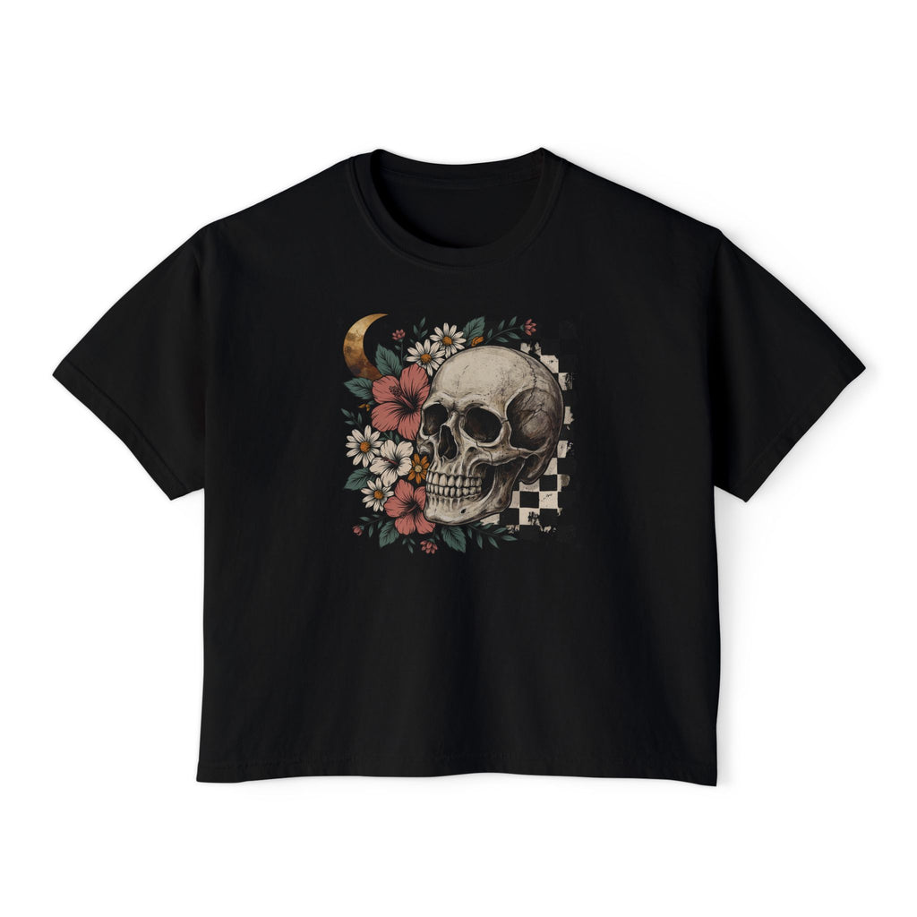 Skull & Floral Boxy Tee — Checkerboard Moon Graphic Women's T‑Shirt