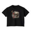 Skull & Floral Boxy Tee — Checkerboard Moon Graphic Women's T‑Shirt
