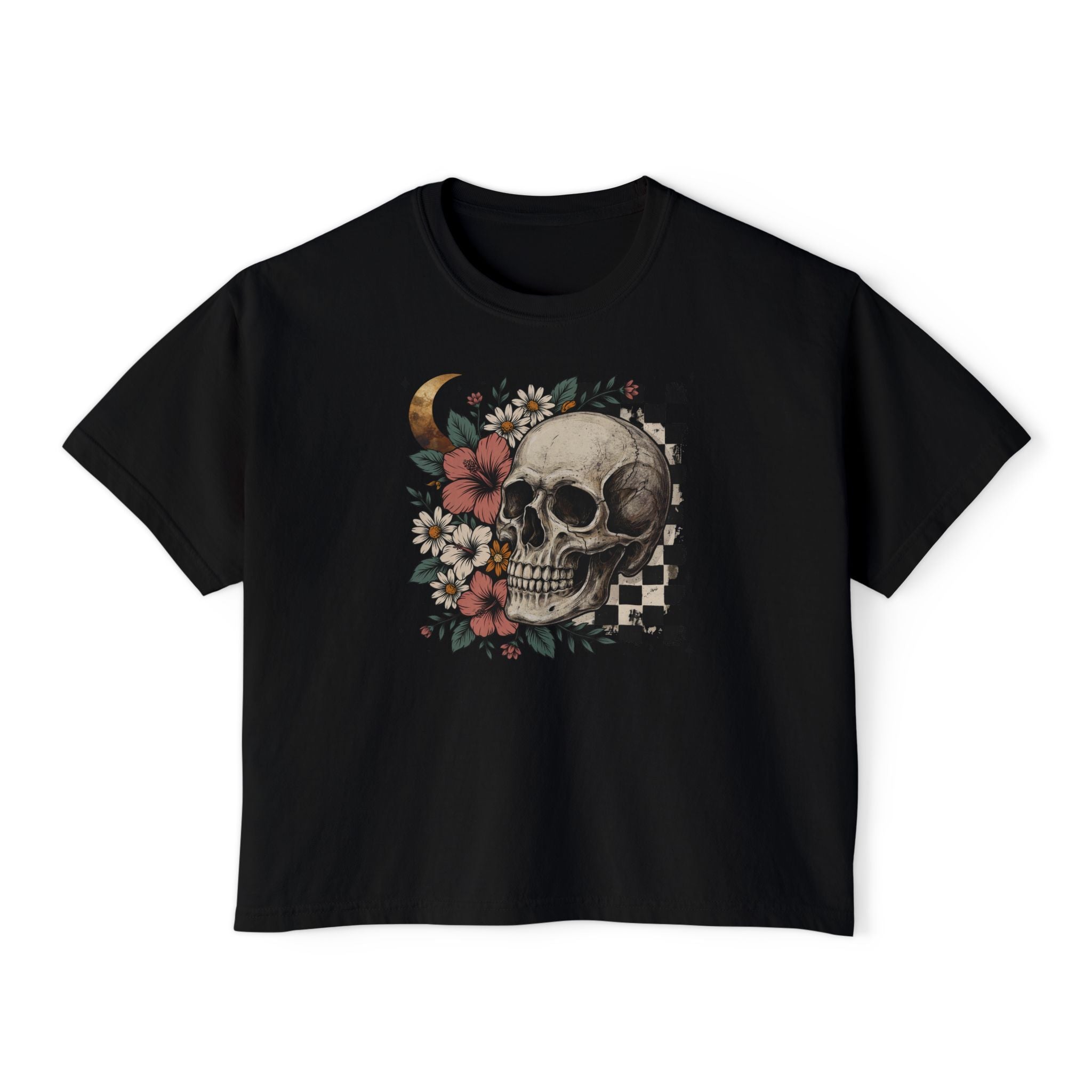 Skull & Floral Boxy Tee — Checkerboard Moon Graphic Women's T‑Shirt