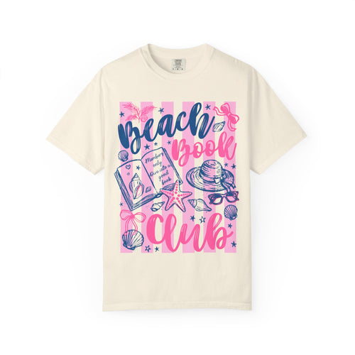 Beach book club white garment-dyed t-shirt flat lay