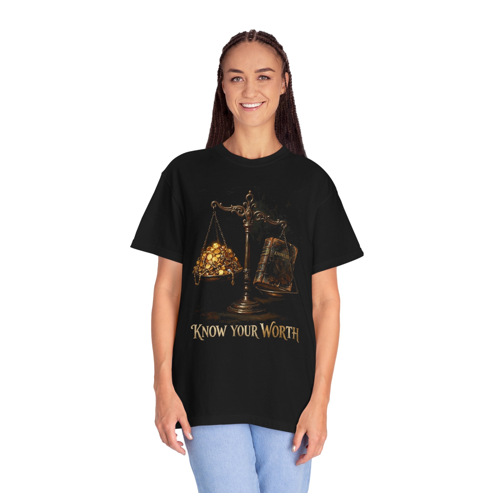 Know Your Worth Scales Book Graphic T-shirt | Empowerment